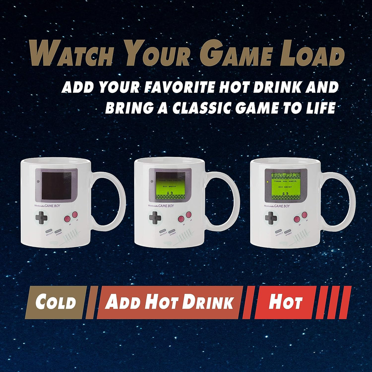 Drei weiße Tassen mit Game Boy-Bildschirmen. Text besagt, ein heißes Getränk hinzuzufügen.