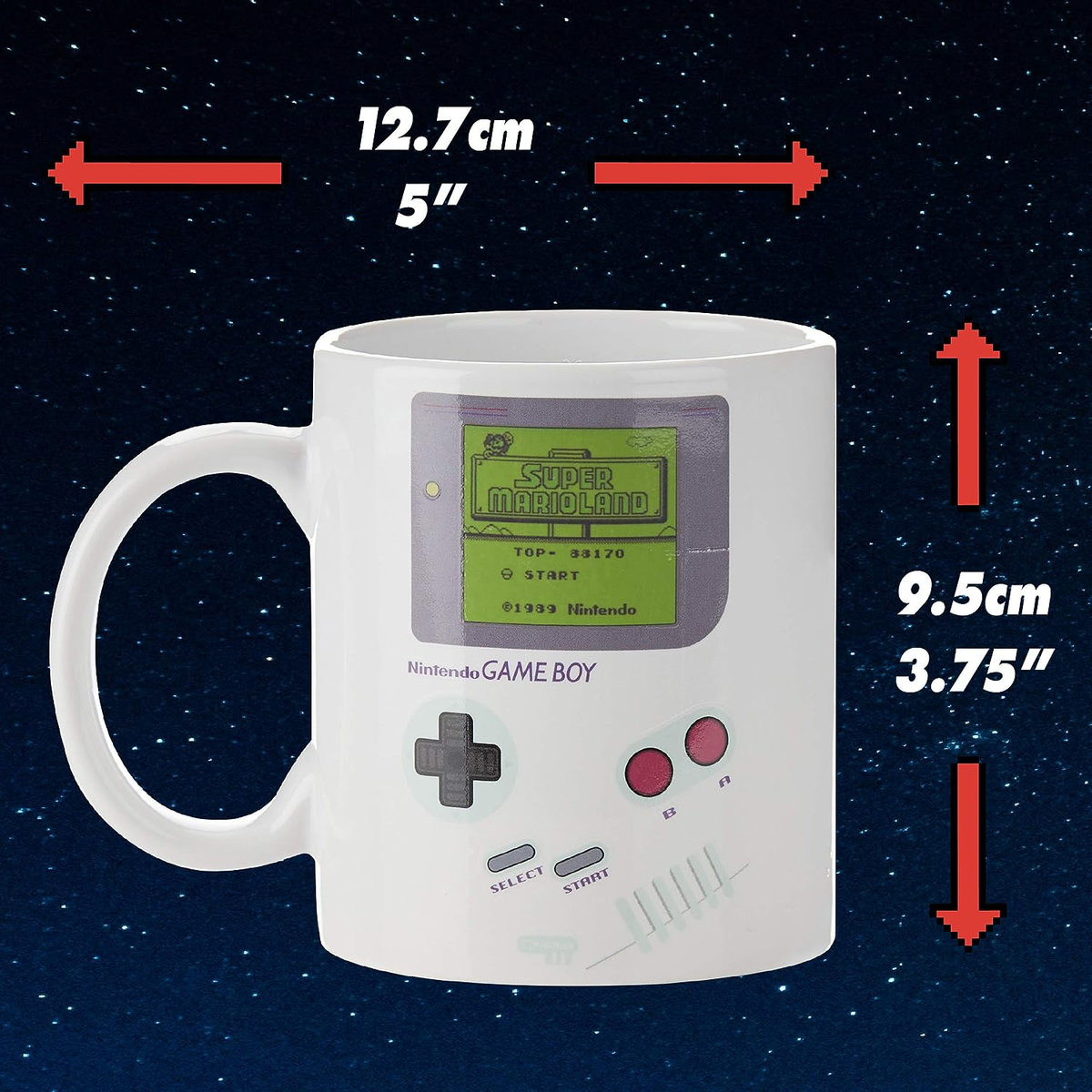 Una taza blanca con un diseño de pantalla de Nintendo Game Boy.