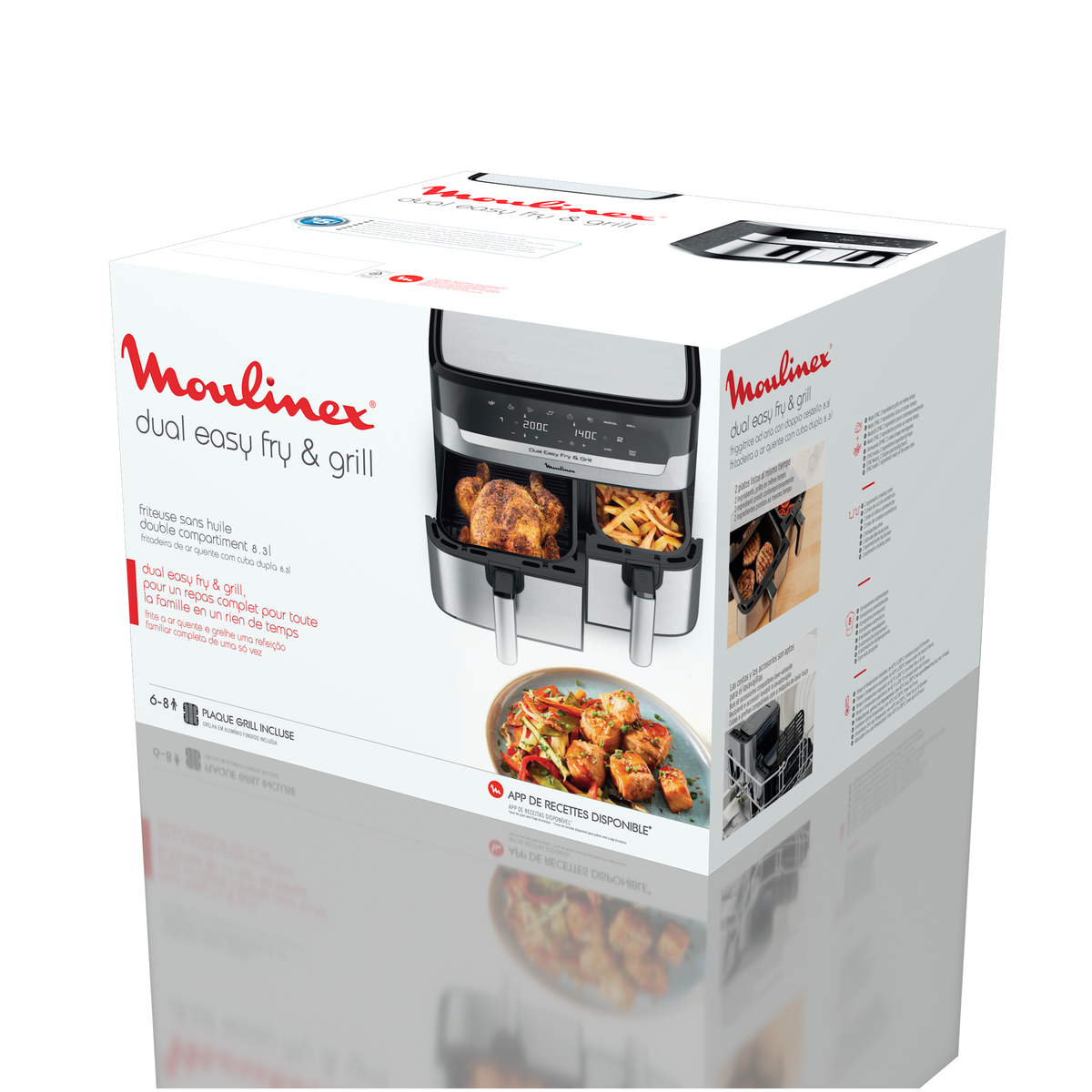 Luftfritteusenbox mit Essensbildern. Es hat Text, eine Friteuse und einen Teller mit Essen.