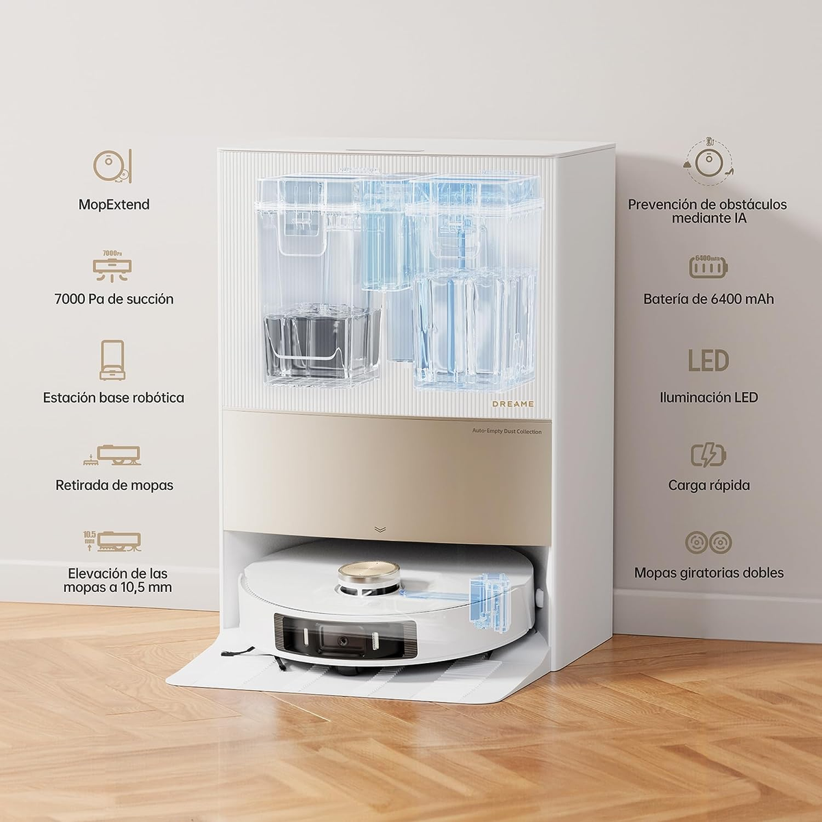 Biało-beżowy robot sprzątający i jego stacja bazowa. Odkurzacz ma okrągły kształt i widoczny zbiornik na wodę.