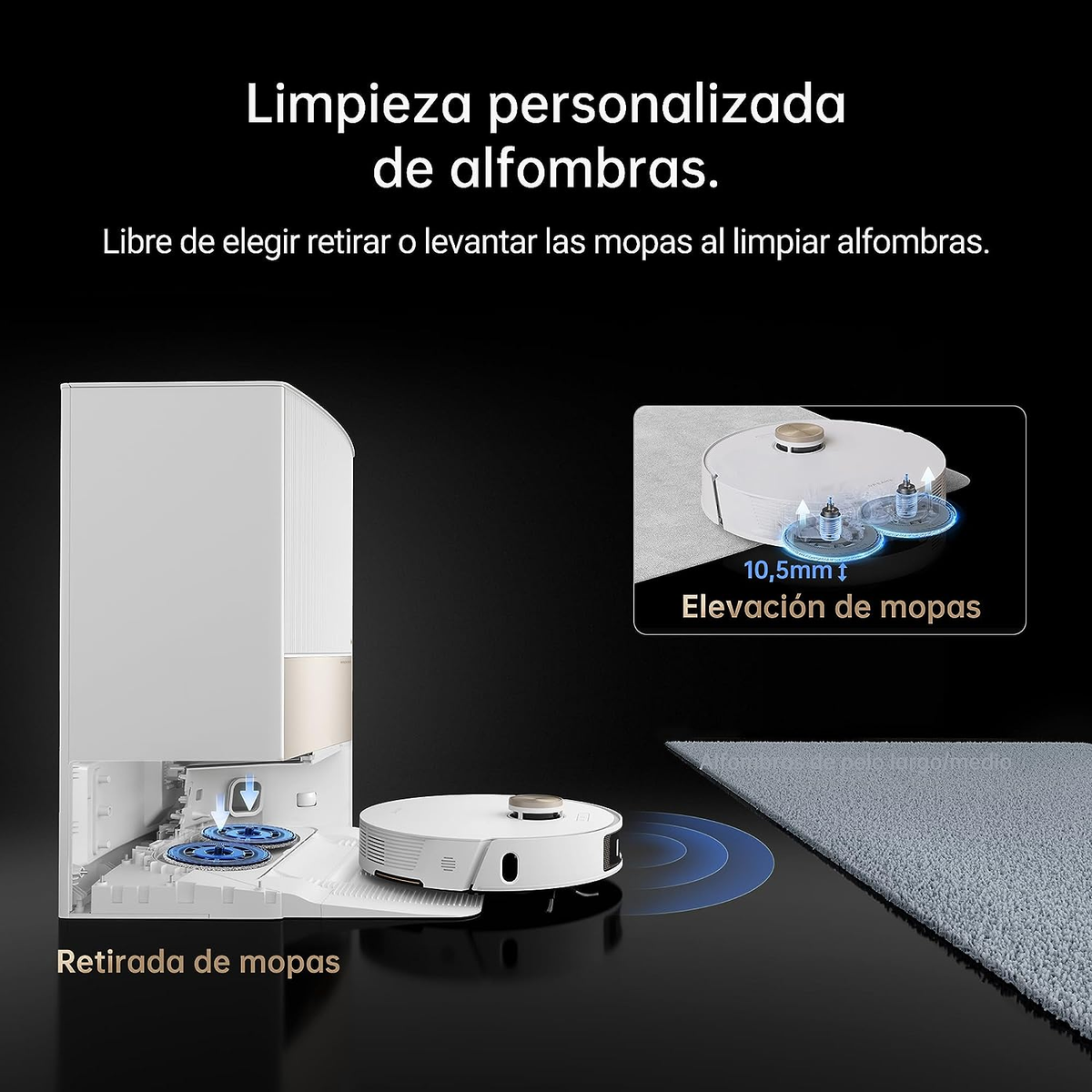 Robot sprzątający z stacją czyszczącą i tekstem o czyszczeniu dywanów.