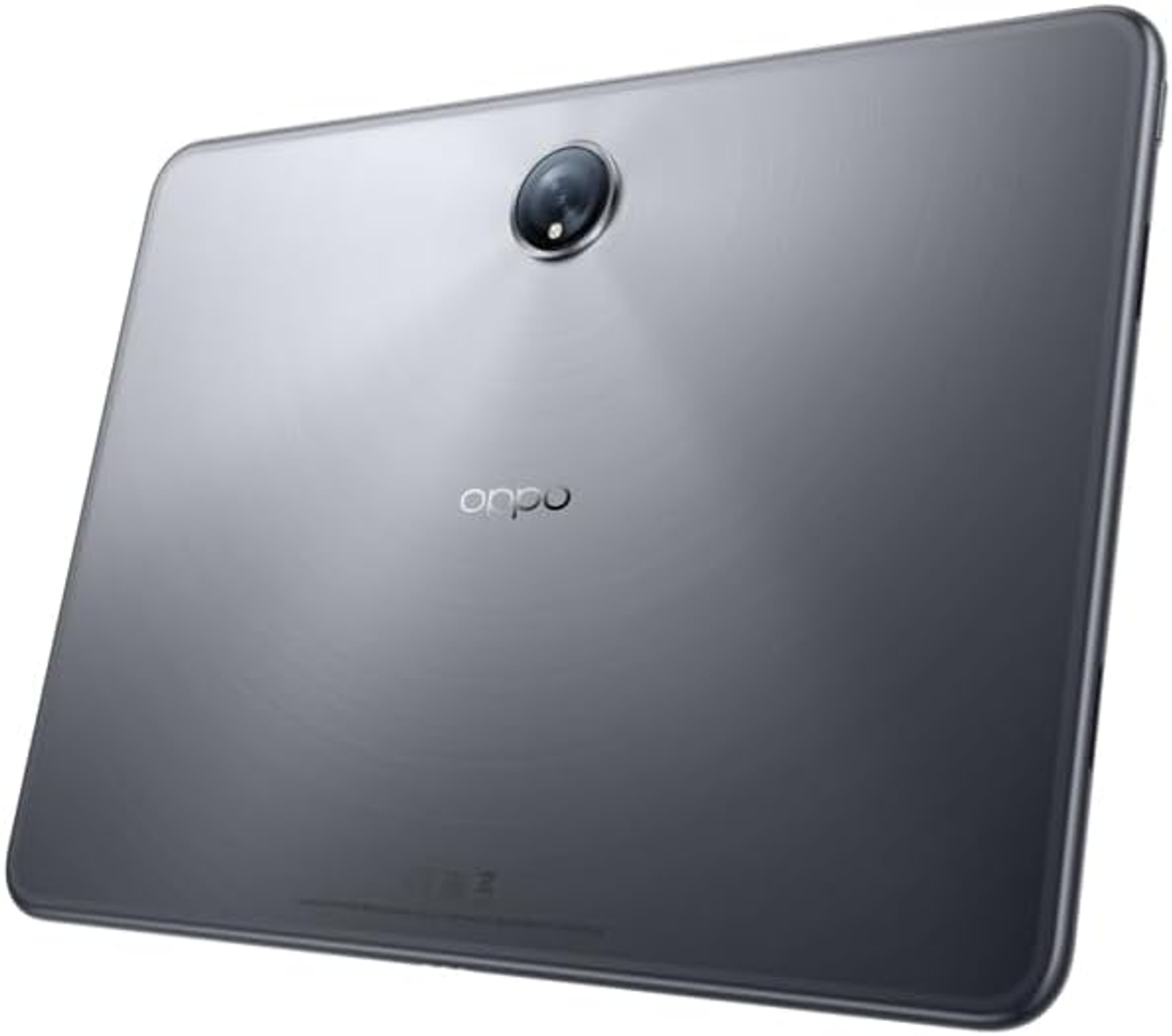 Retro di un tablet grigio con lente della fotocamera in alto al centro e logo del marchio.