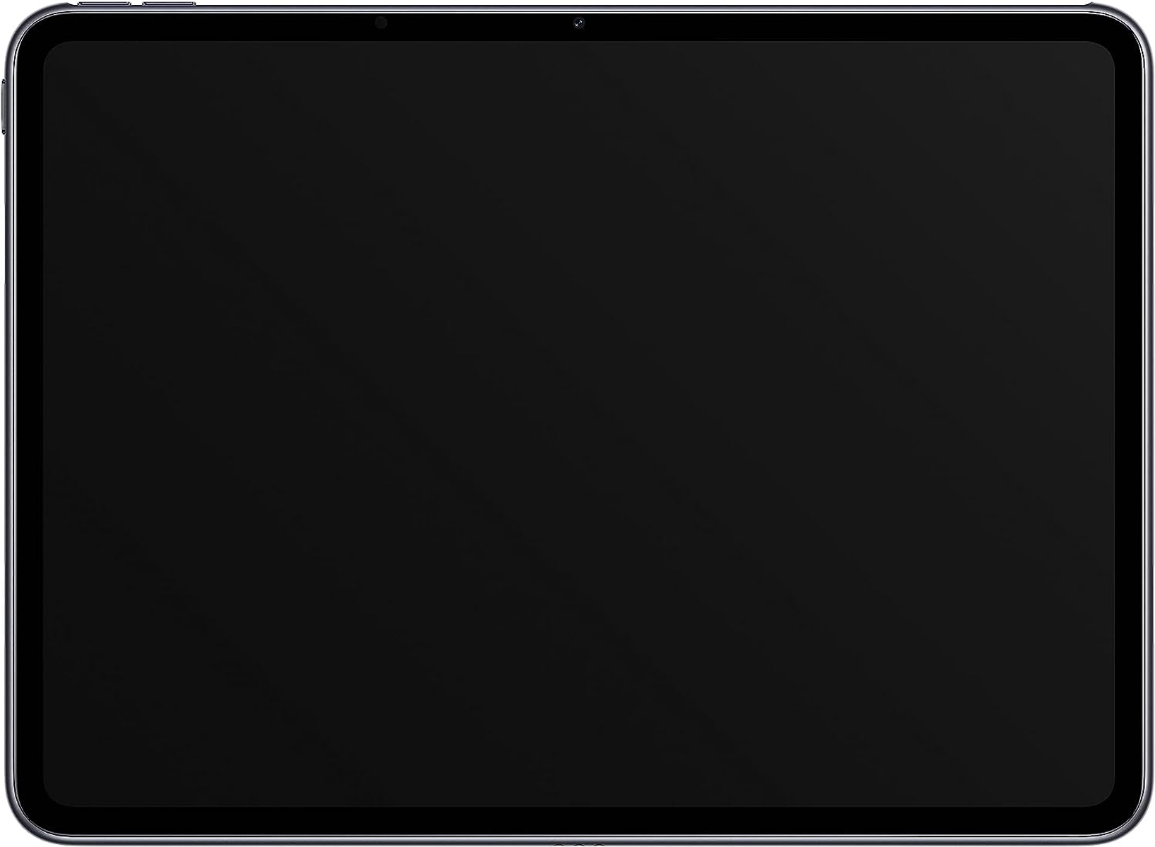 Un tablet con un ampio schermo nero. Il tablet è scuro con una fotocamera frontale in alto.