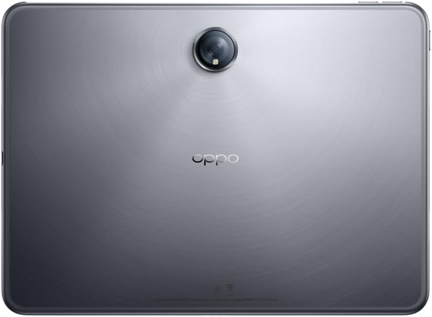 Retro di un tablet argentato con una fotocamera circolare. Il logo Oppo è visibile sul tablet.