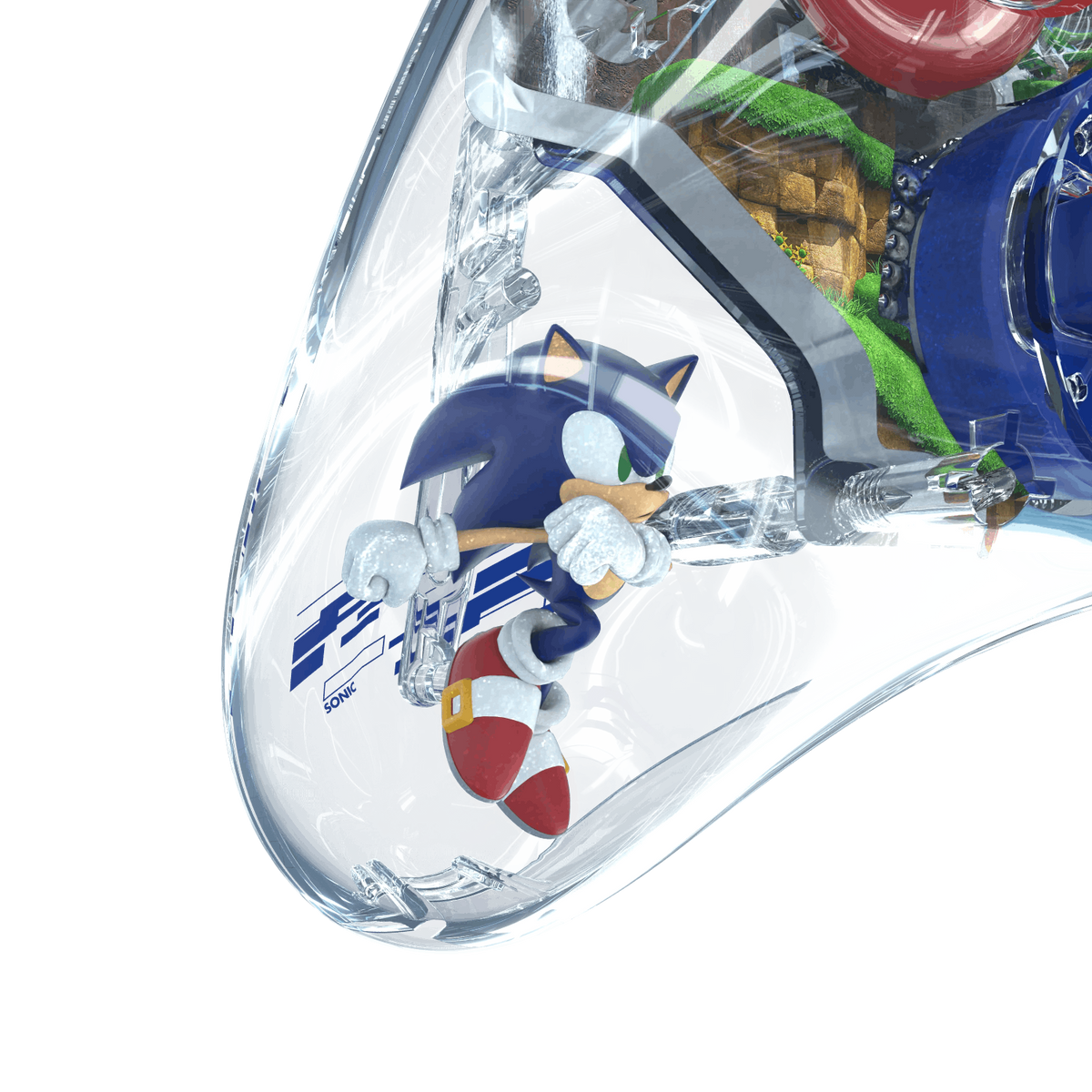 Sonic the Hedgehog w przezroczystej plastikowej obudowie kontrolera na czarnym tle.
