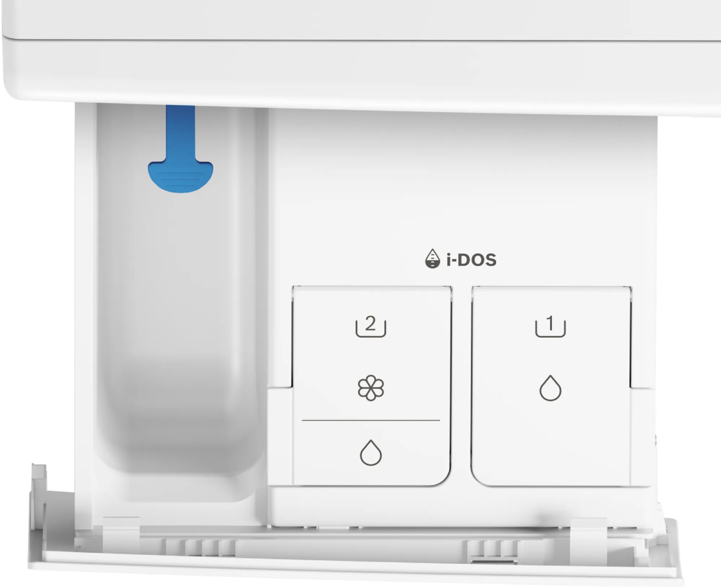 Dispensador de detergente blanco con compartimentos azules y blancos. Texto i-DOS visible.