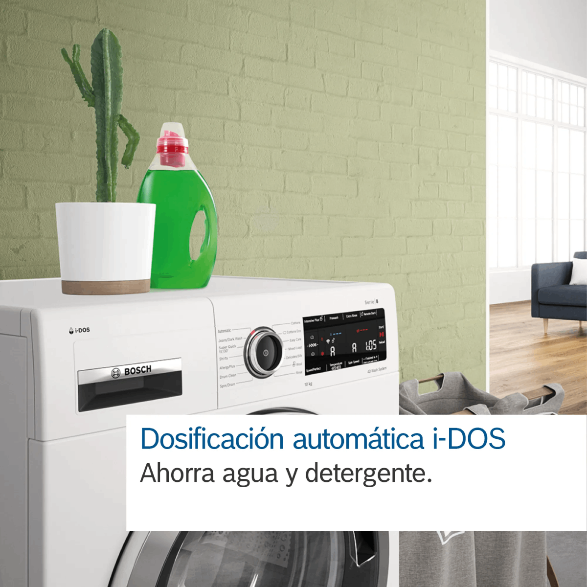 Lavadora blanca con planta verde y detergente. El texto dice i-DOS automático, ahorro de agua y detergente.