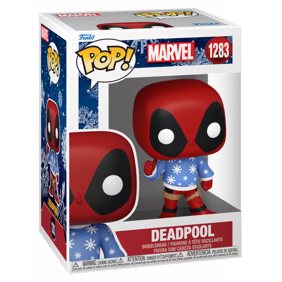 Una figura Funko Pop de Deadpool en su caja. La figura lleva un suéter navideño.
