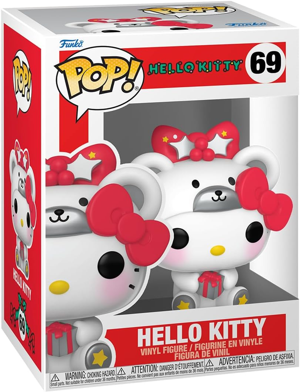 Una figura Funko Pop! de Hello Kitty en una caja, con dos figuras visibles, lazos rojos y cajas de regalo.