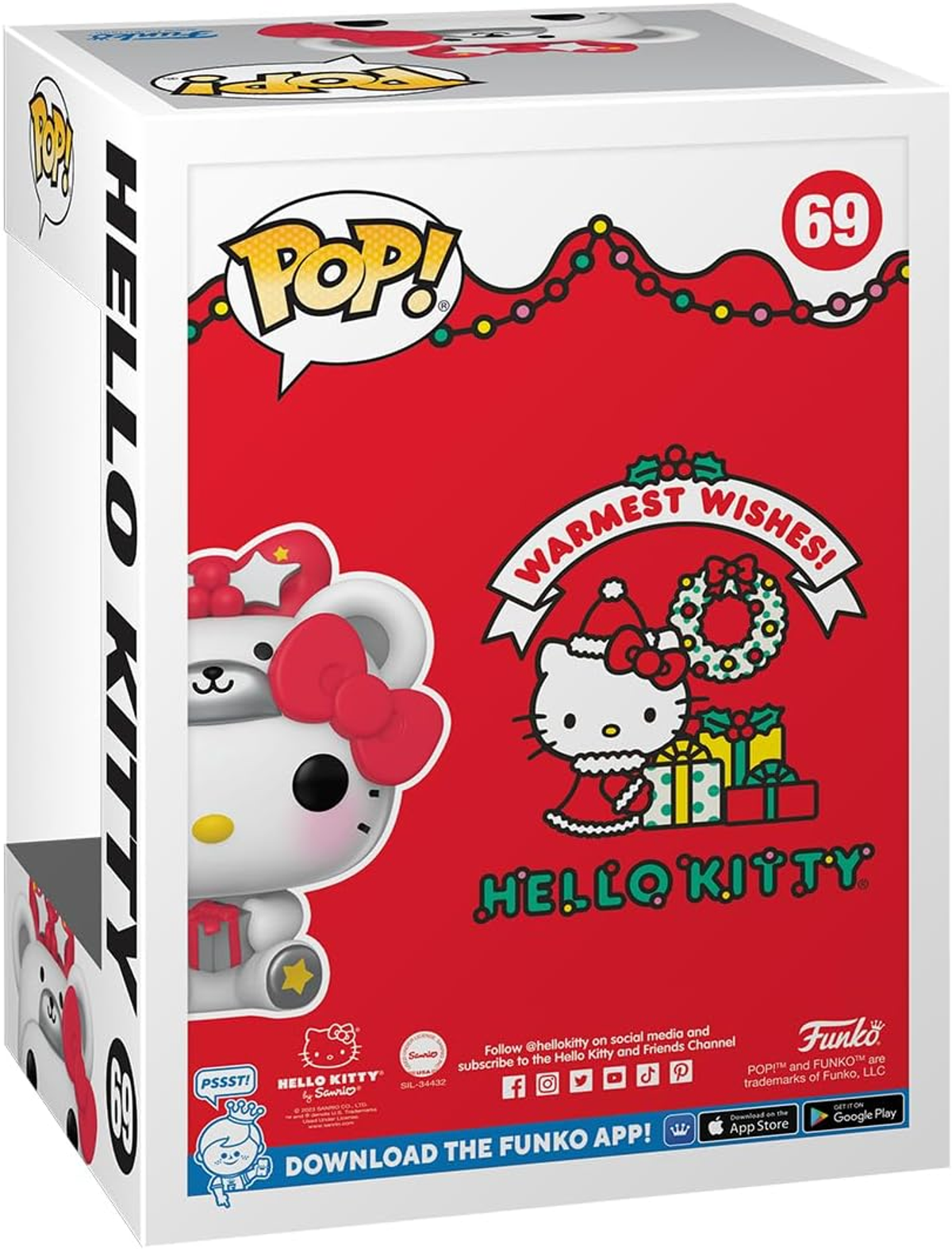 Una caja de Hello Kitty con la figura en el lateral y la parte trasera, con las palabras 'Warmest Wishes'.