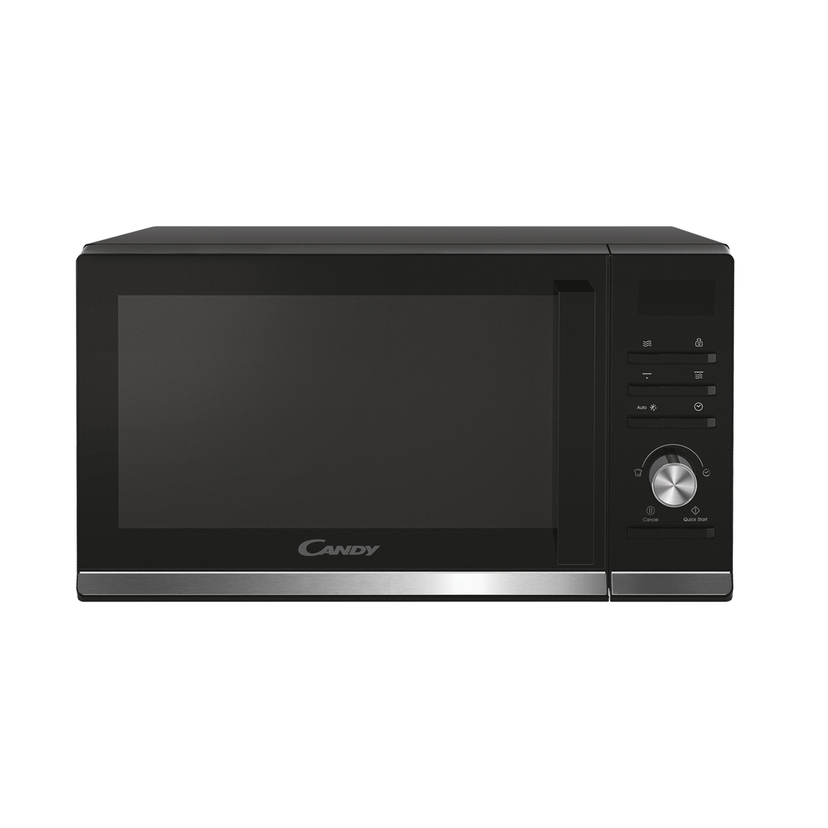 Czarna kuchenka mikrofalowa ze srebrnym paskiem na dole. Czarne tło.