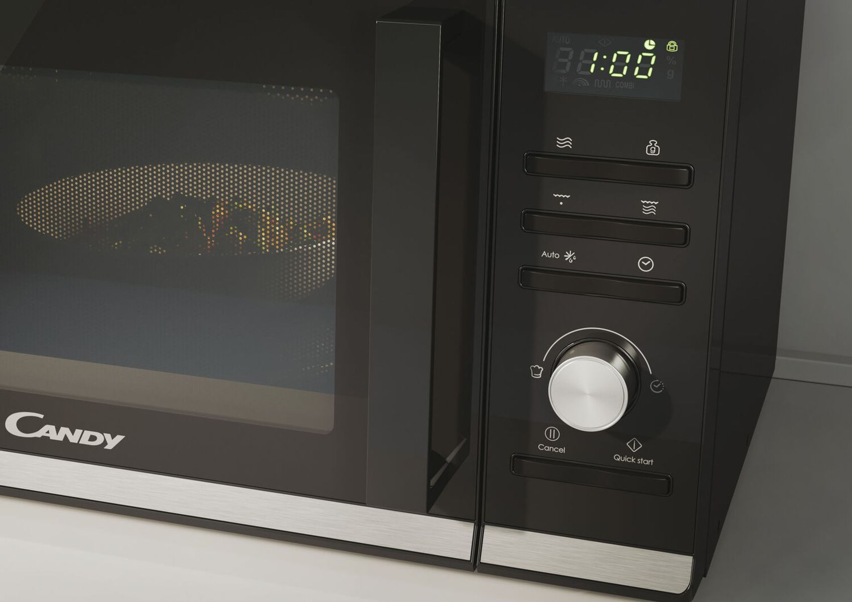 Czarna kuchenka mikrofalowa z panelem sterowania i wyświetlaczem. Drzwi są częściowo otwarte.