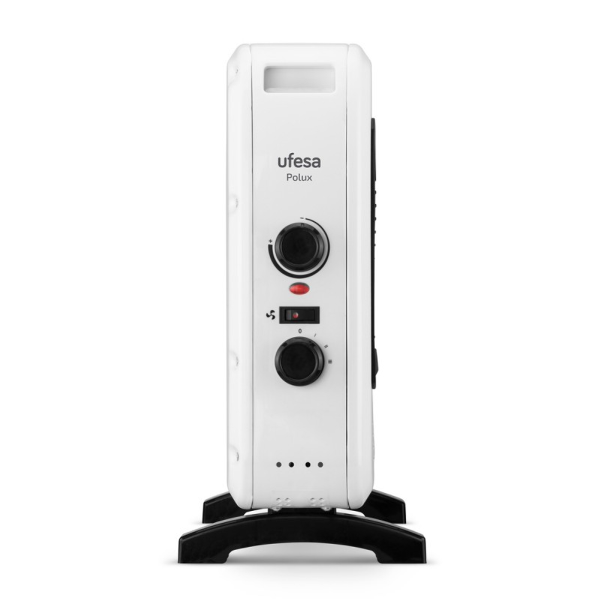 Biały grzejnik elektryczny na czarnej podstawie. Elementy sterowania z przodu. Białe tło.