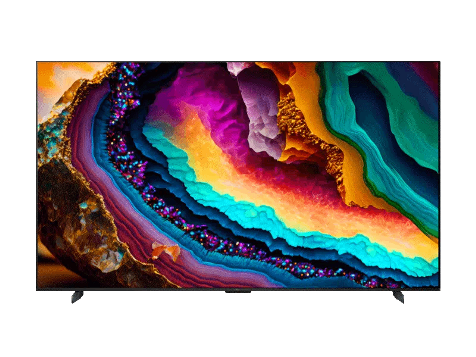 Un televisore widescreen, con un'immagine astratta e colorata sullo schermo, su sfondo nero.