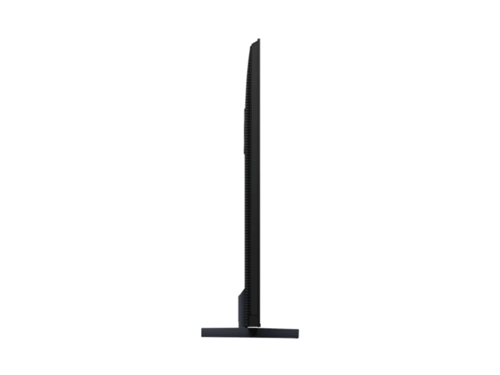 TV nero, vista laterale, con un profilo sottile su sfondo nero.