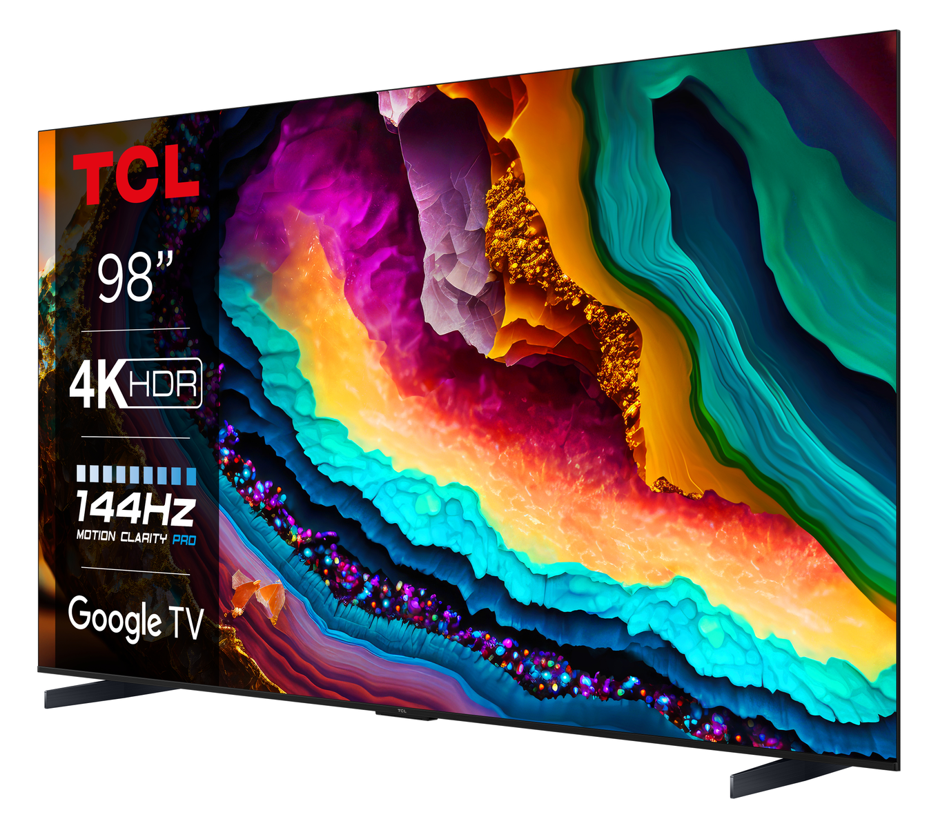 Un grande televisore TCL con un display astratto colorato. Lo schermo mostra il logo del marchio e le specifiche.