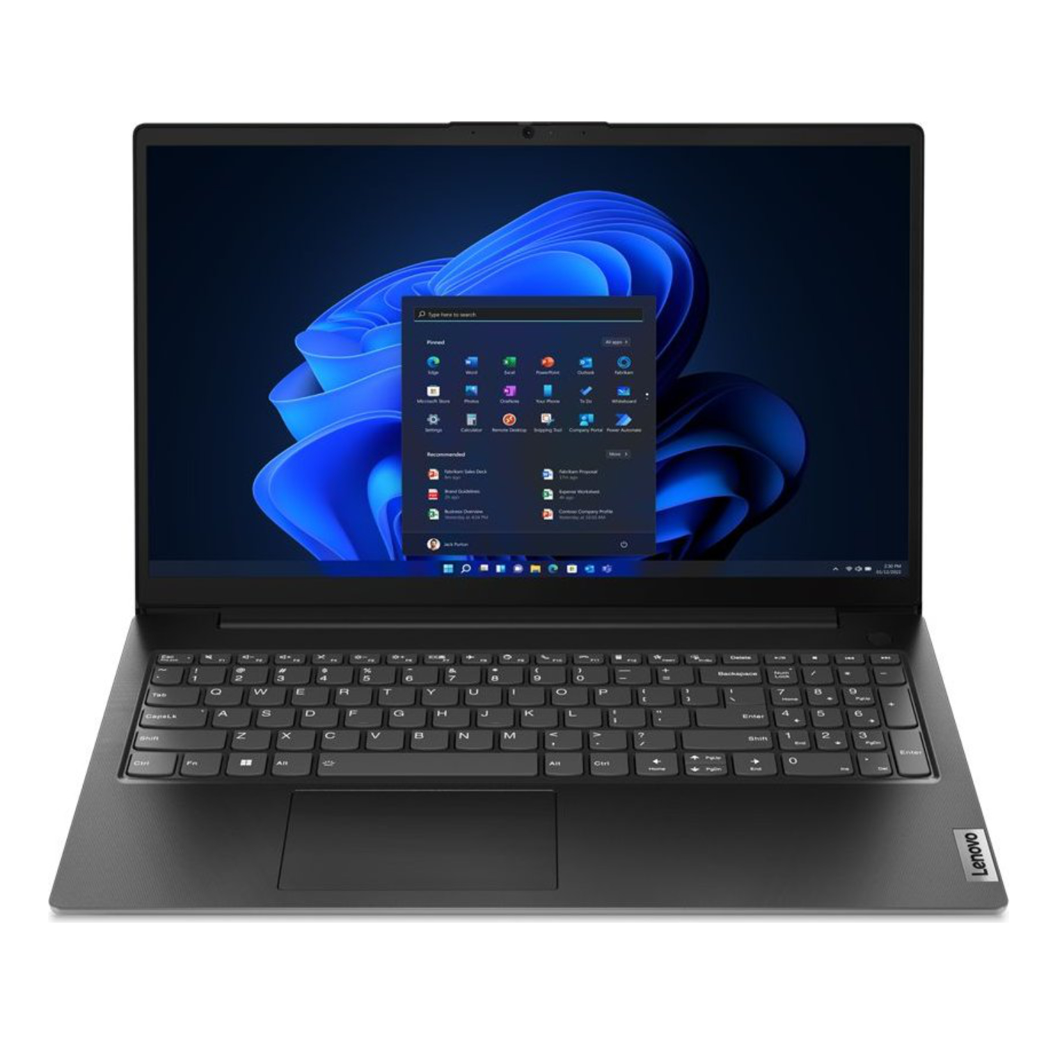 Schwarzer Laptop offen, Tastatur sichtbar. Windows-Bildschirm an. Der Hintergrund ist weiß.