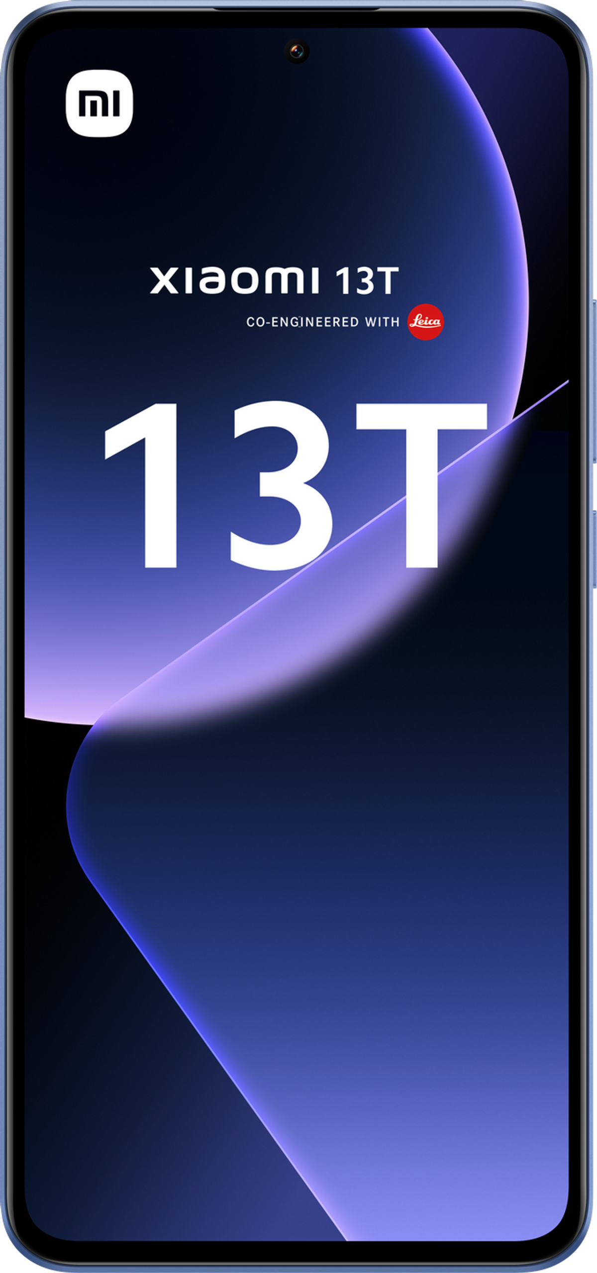 Smartfon z tekstem "xiaomi 13T" i "leica" na ekranie, w niebieskim gradiencie.
