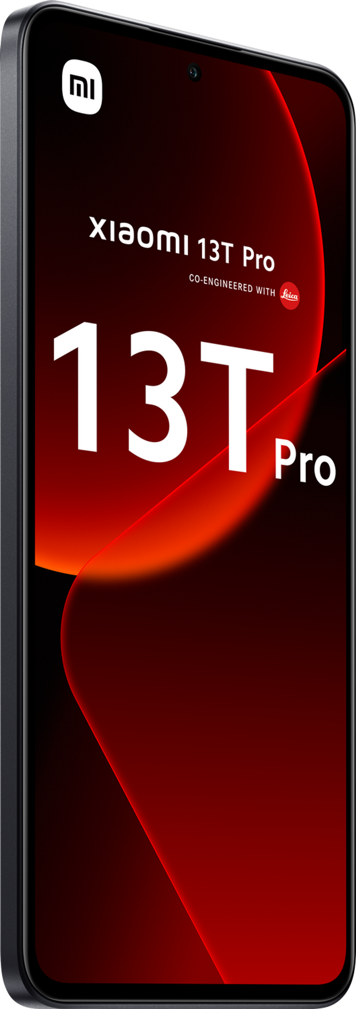 Czarny telefon Xiaomi 13T Pro, czerwone tło, biały tekst.