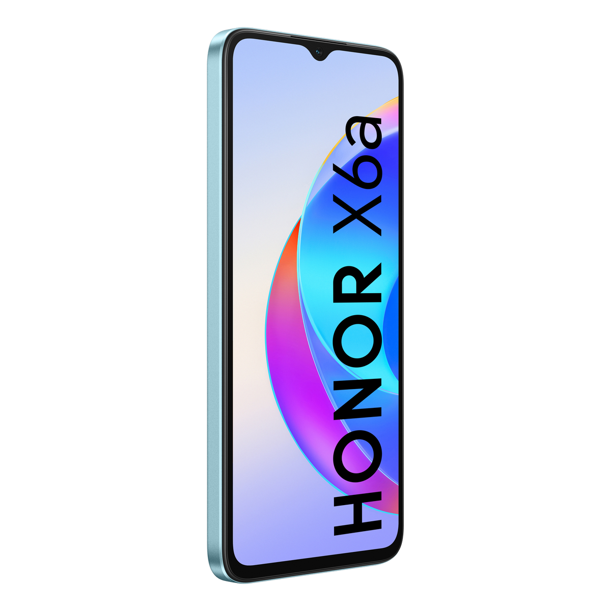 Ein türkisfarbenes Honor X6a-Telefon mit dem Namen des Telefons auf dem Bildschirm.