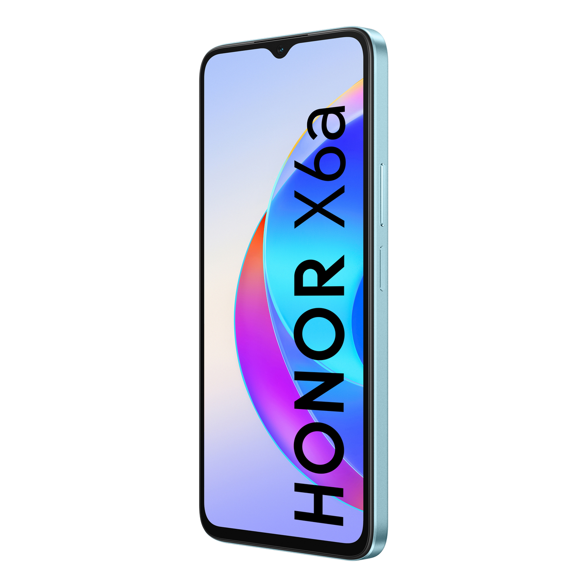 Ein Honor X6a Smartphone, türkis, das HONOR-Logo auf dem Bildschirm anzeigend.
