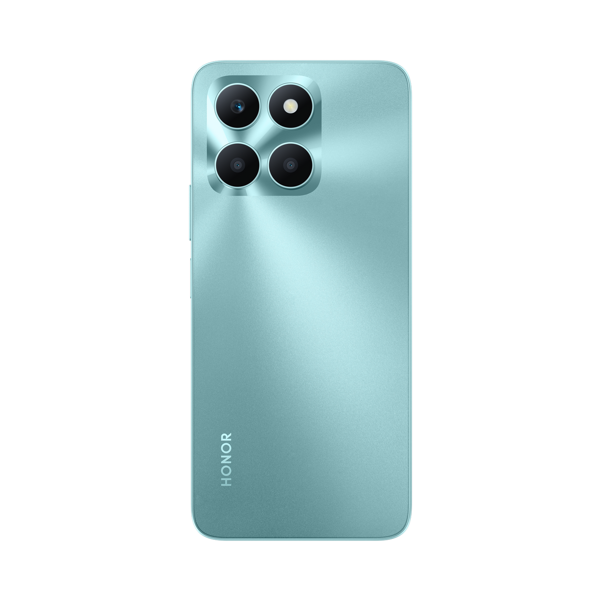 Türkisfarbene Smartphone-Rückseite mit vier Kameras und dem Wort 'HONOR' unten.