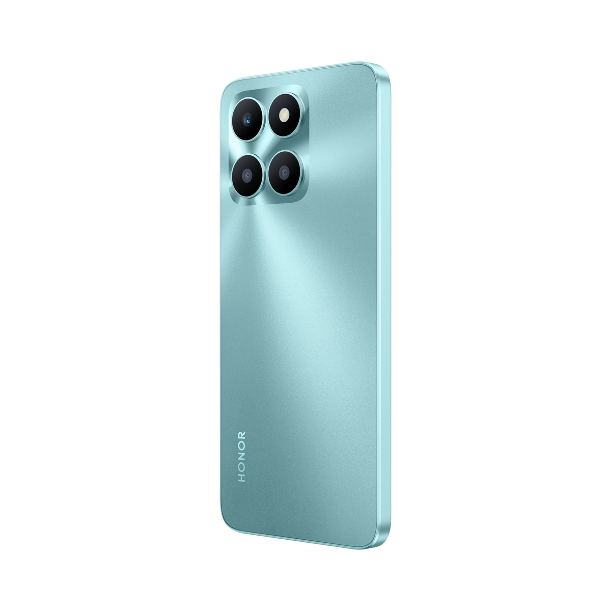 Ein türkisfarbenes Smartphone mit vier Rückkameras aus einem Winkel auf schwarzem Grund.