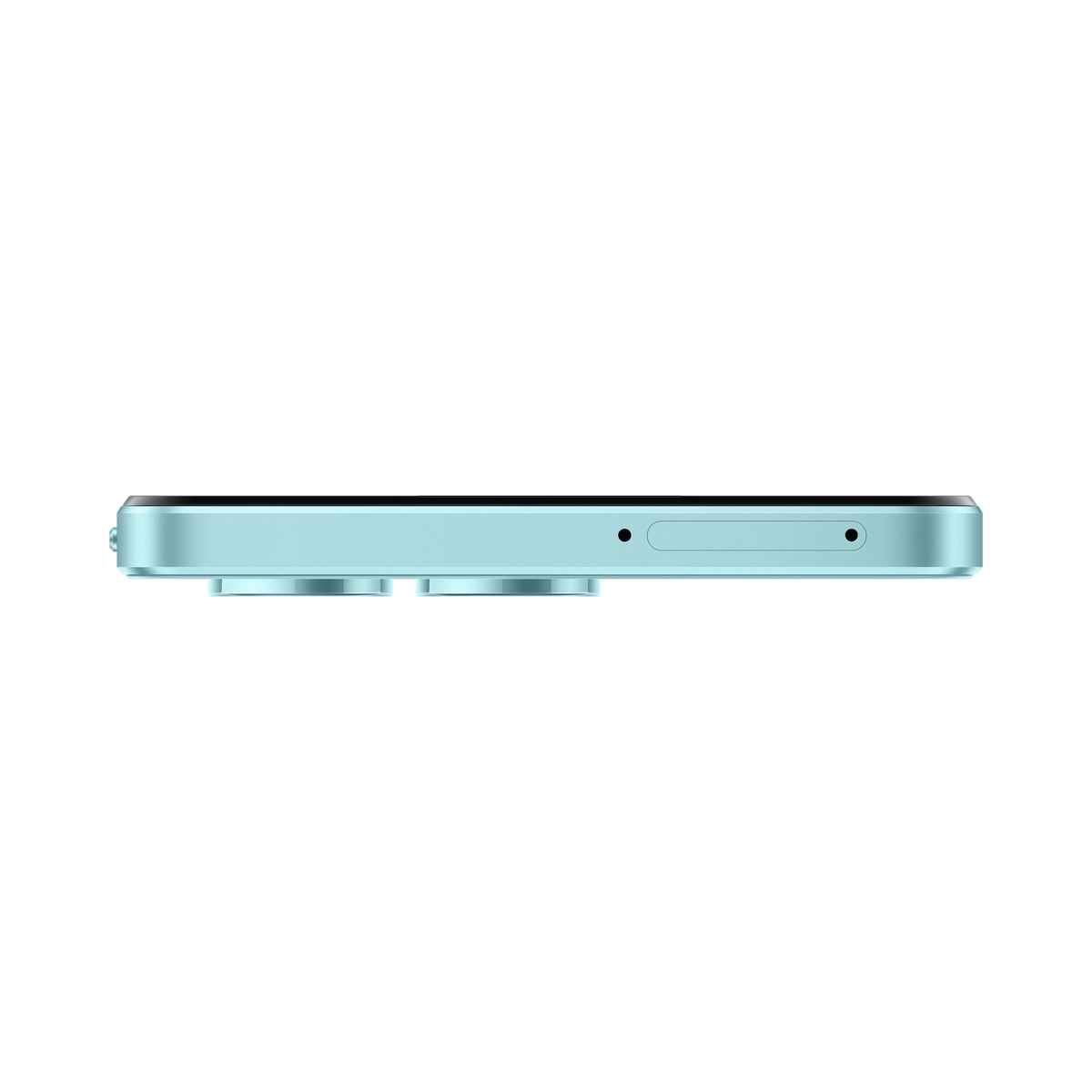 Türkisfarbenes Smartphone-Seitenprofil. Die Seite enthält Tasten und einen SIM-Kartenschacht.