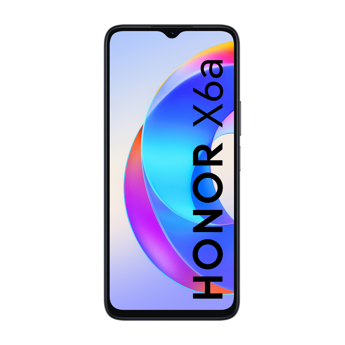 HONOR X6a Smartphone auf schwarzem Hintergrund. Der Bildschirm zeigt einen bunten Hintergrund.