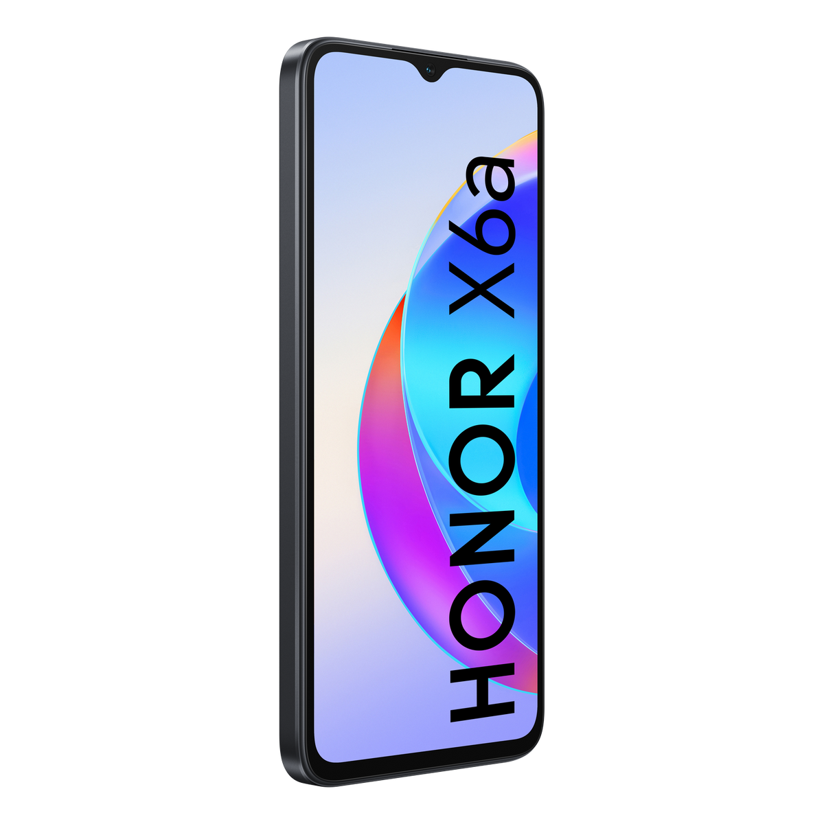 Schwarzes Honor X6a Smartphone, Seitenansicht, zeigt den Bildschirm.