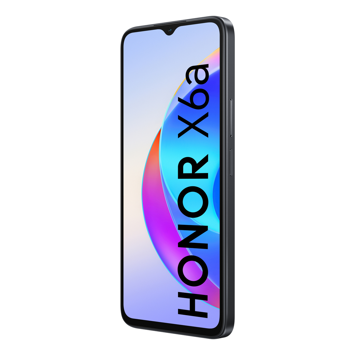Schwarzes HONOR X6a-Telefon mit farbenfrohem Bildschirm. Das Telefon befindet sich auf schwarzem Hintergrund. Der Text HONOR X6a ist sichtbar.