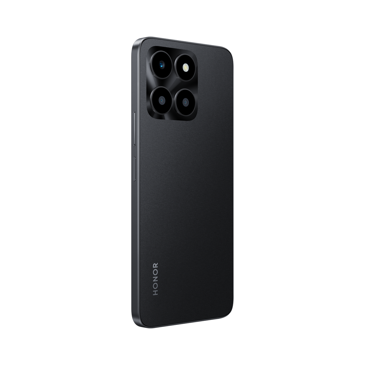 Schwarzes Smartphone mit Kameraanordnung auf der Rückseite, vor dunklem Hintergrund.