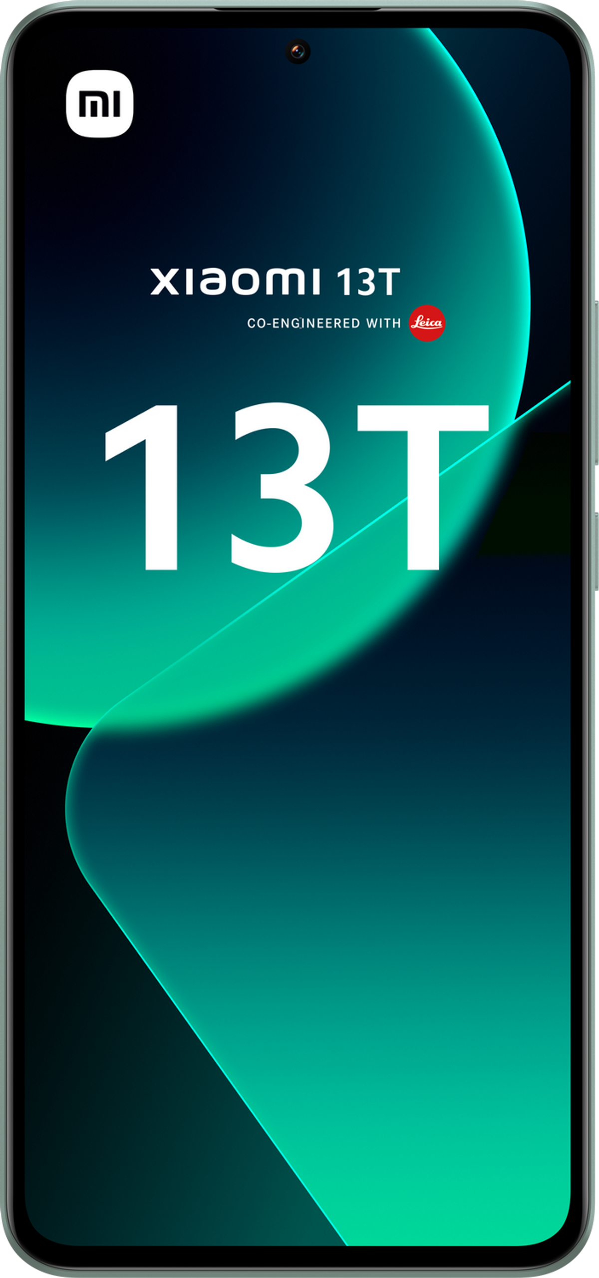 Czarny smartfon z wyświetlaczem z gradientem zieleni i turkusu. Logo marki na górze.