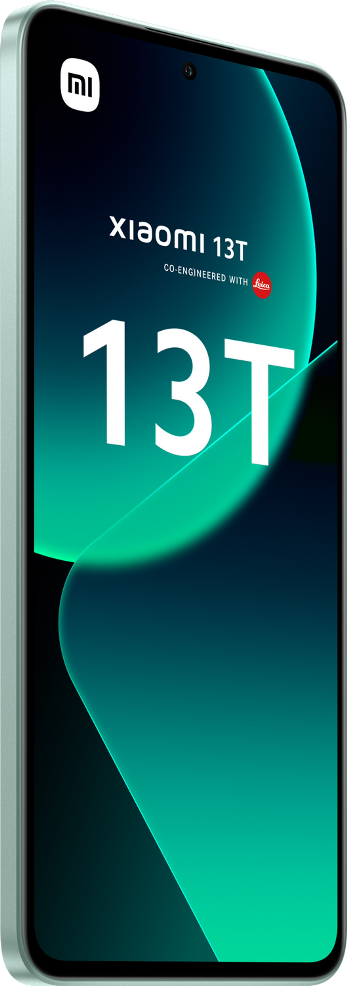 Smartfon z zielono-niebieskim gradientem, stojący na białej powierzchni.
