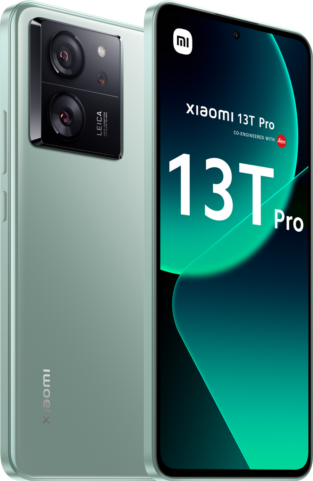 Miętowy telefon Xiaomi 13T Pro. Posiada aparat z trzema obiektywami i ekran.