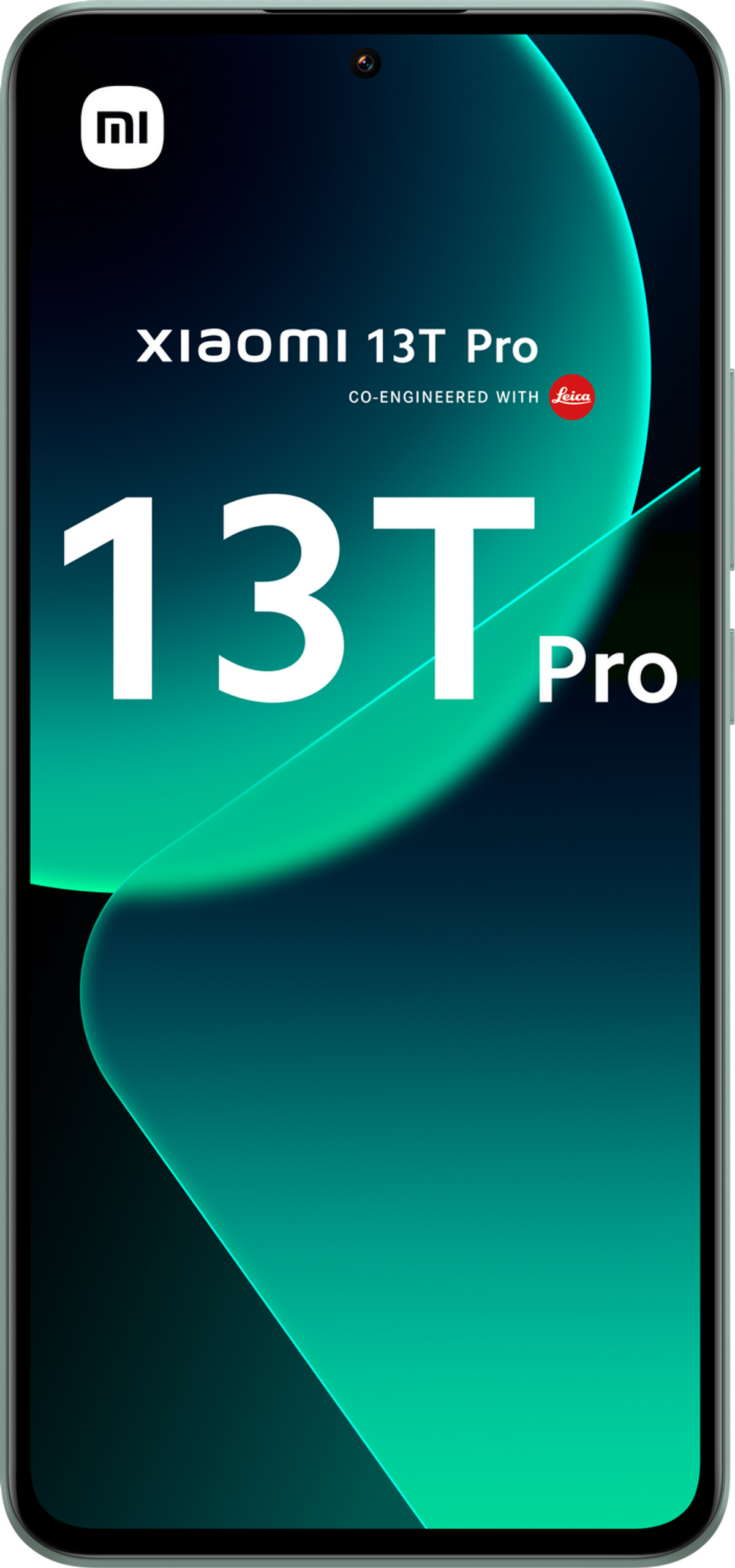 Czarny ekran telefonu z nazwą modelu 13T Pro i logo Leica.