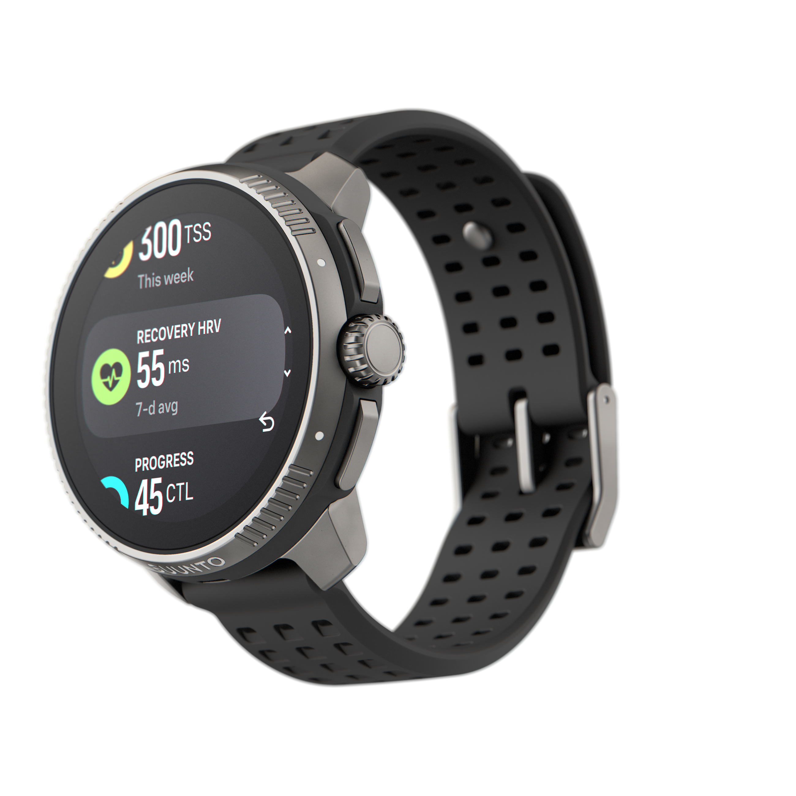 Smartwatch wyświetlający wskaźniki zdrowia. Czarny pasek, szara koperta. Tło jest czarne.