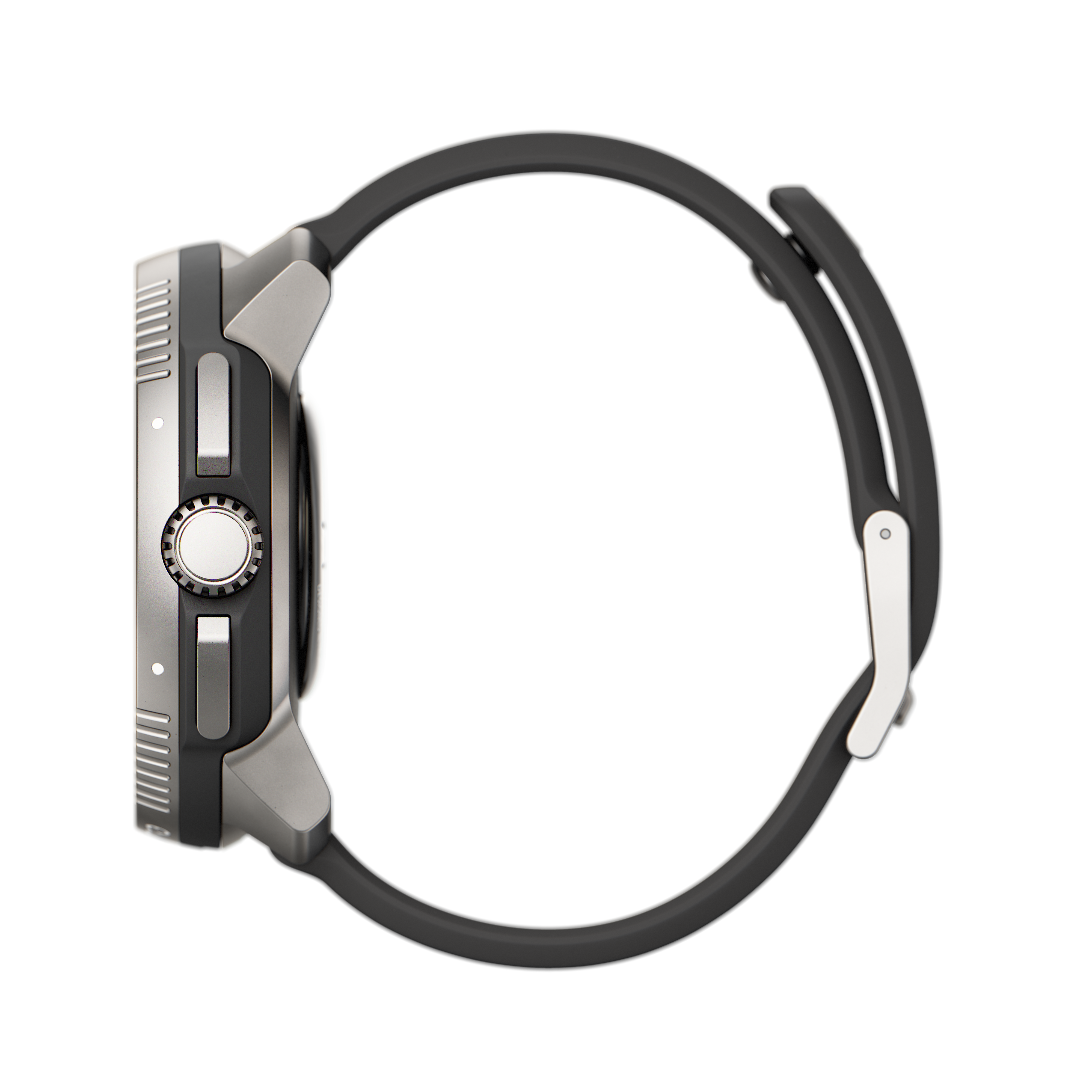 Widok z boku srebrnego i czarnego smartwatcha z czarnym paskiem.