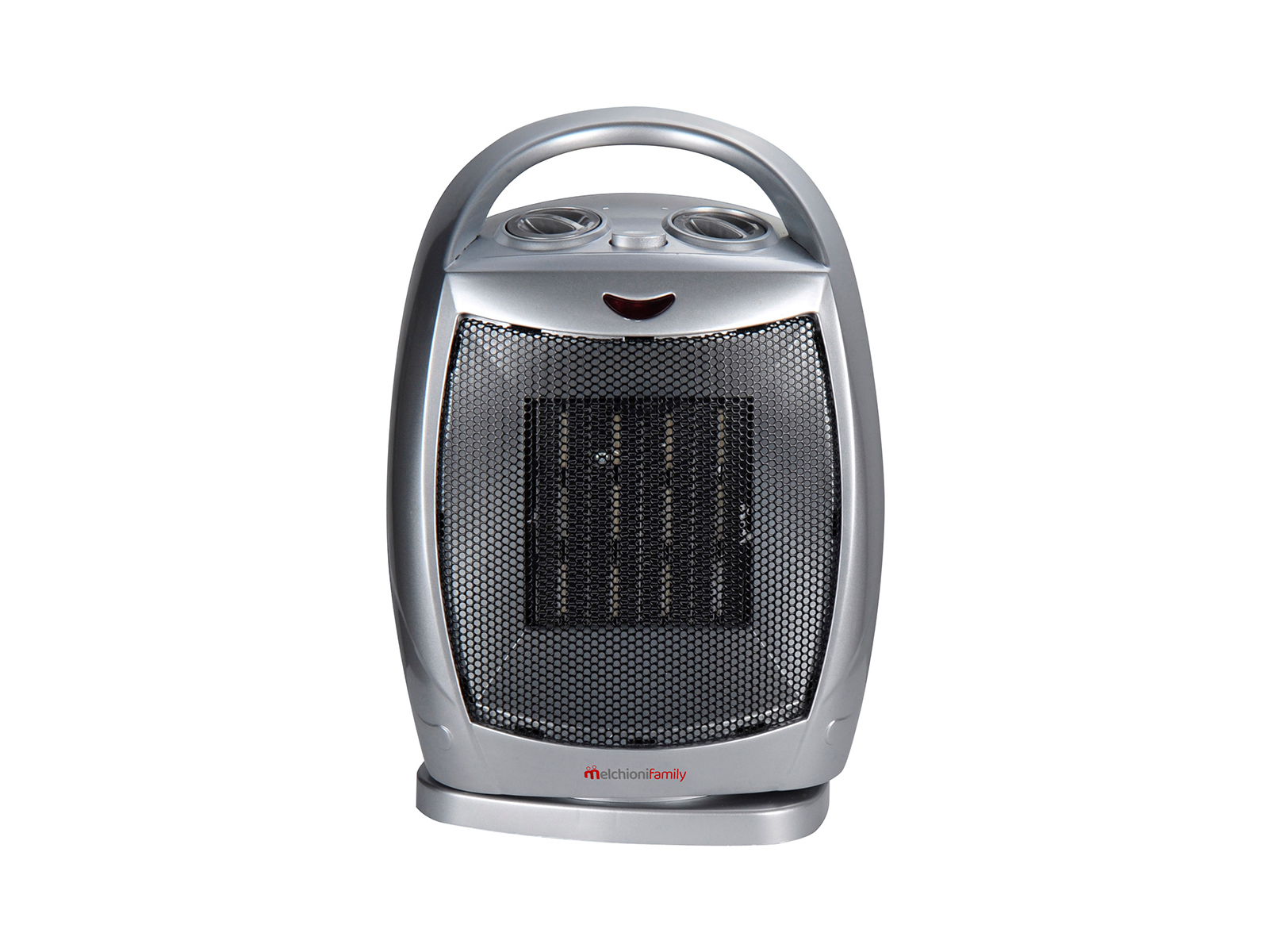 Srebrny grzejnik elektryczny z uchwytem i siatkowym przodem. Nazwa marki Melchioni Family.