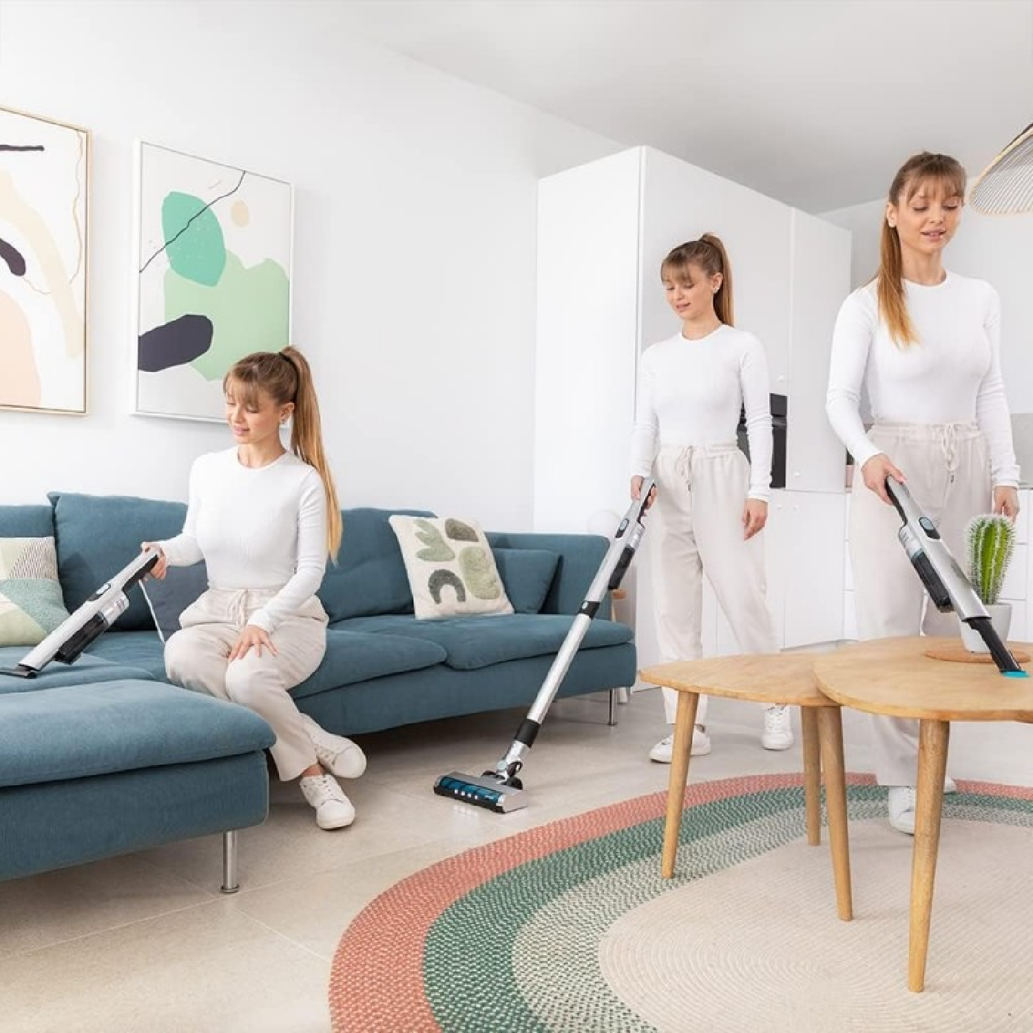 Tres mujeres limpiando con aspiradoras en una sala de estar.