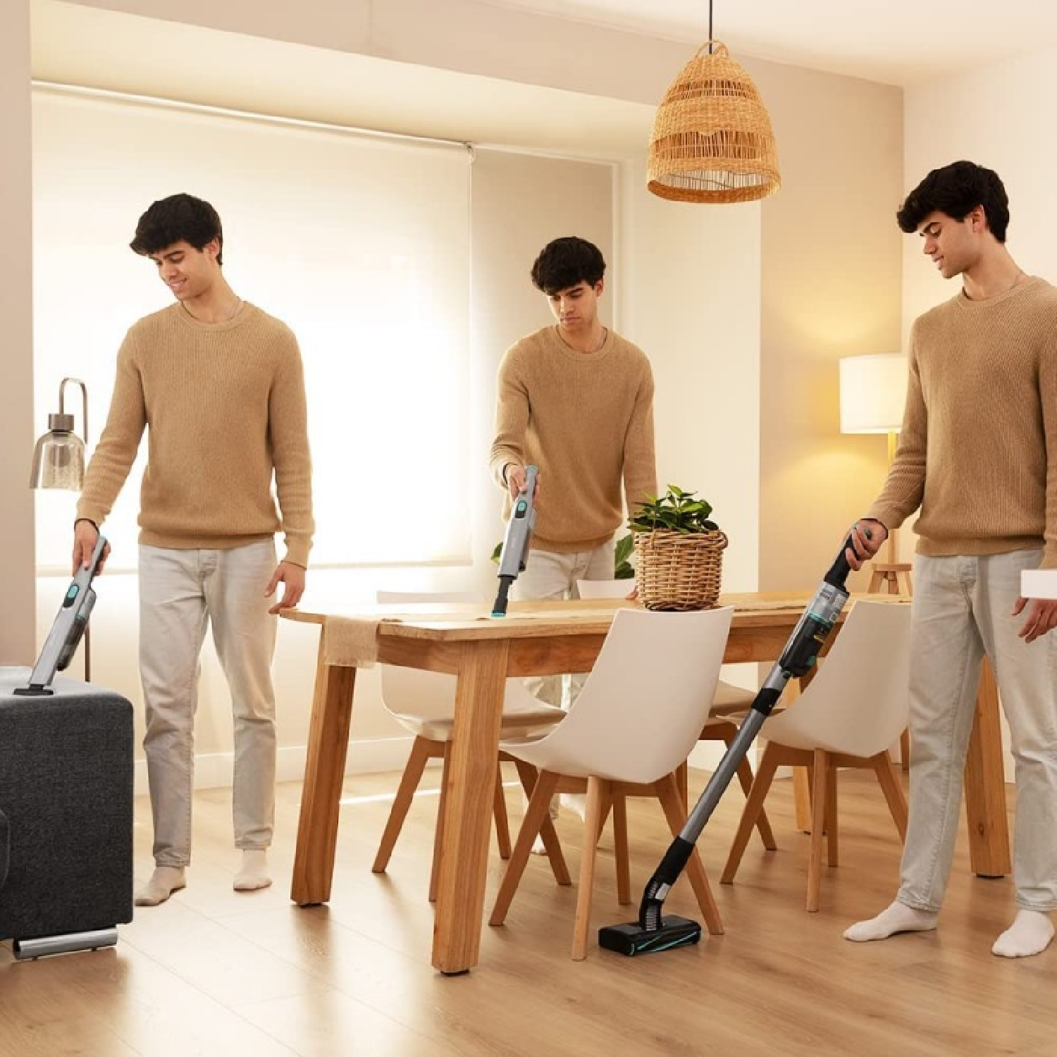 Man vacuums a wooden floor with a cordless vacuum cleaner; a dining table and chairs are in the background.