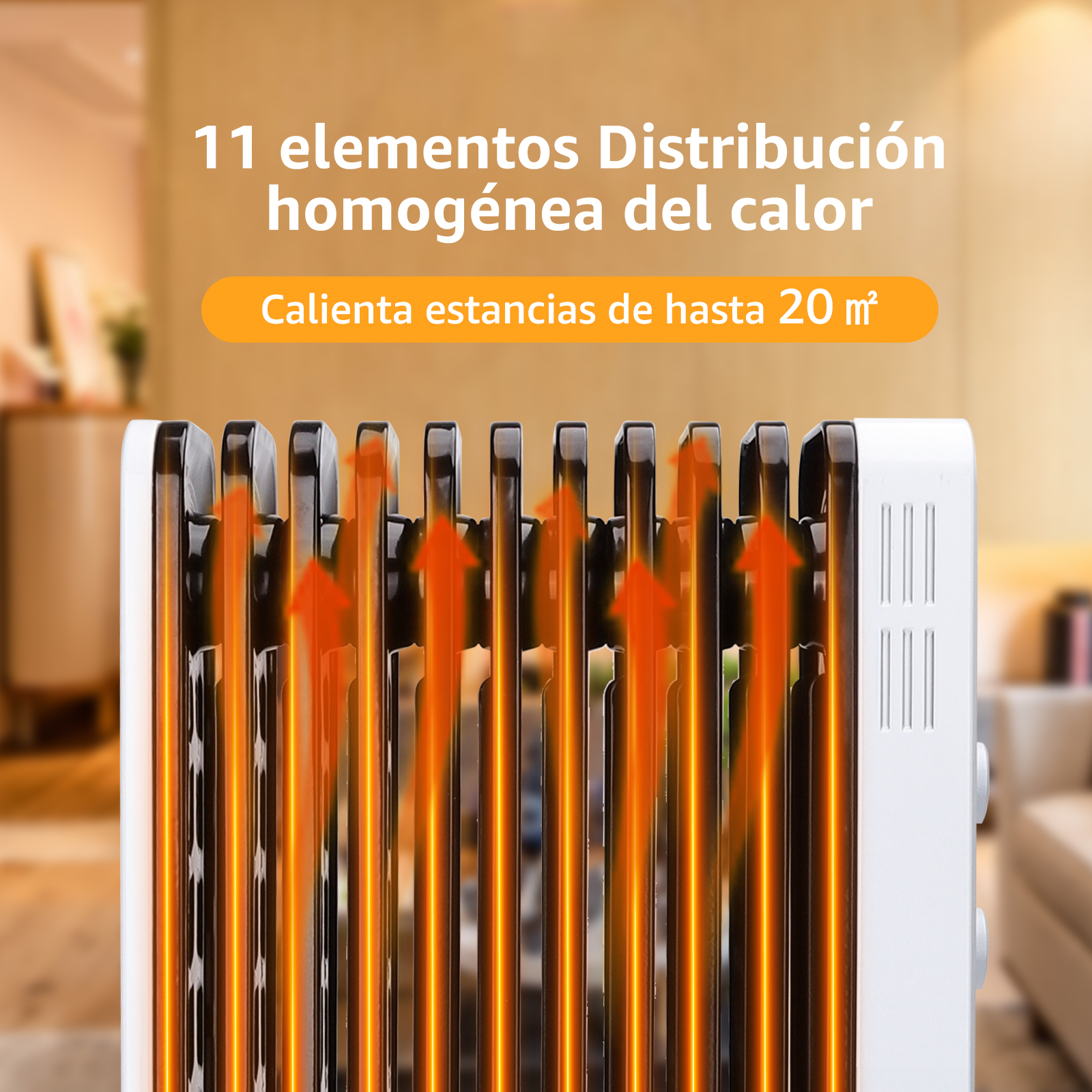 Radiador eléctrico con texto. Las flechas muestran la distribución del calor. El texto indica que calienta hasta 20 m².