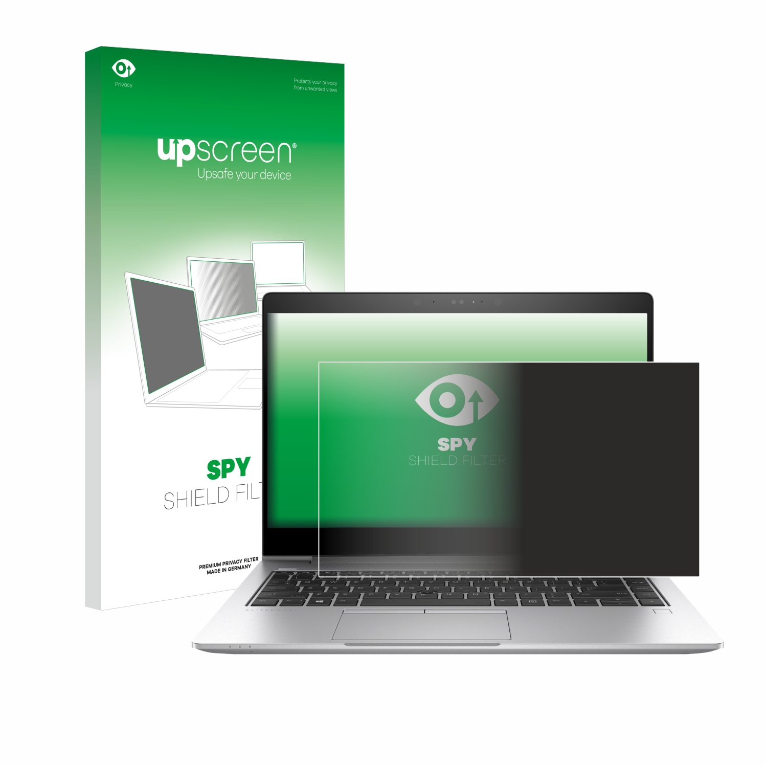 Laptop mit Sichtschutz und einer Displayschutzfolienbox auf weißem Untergrund.