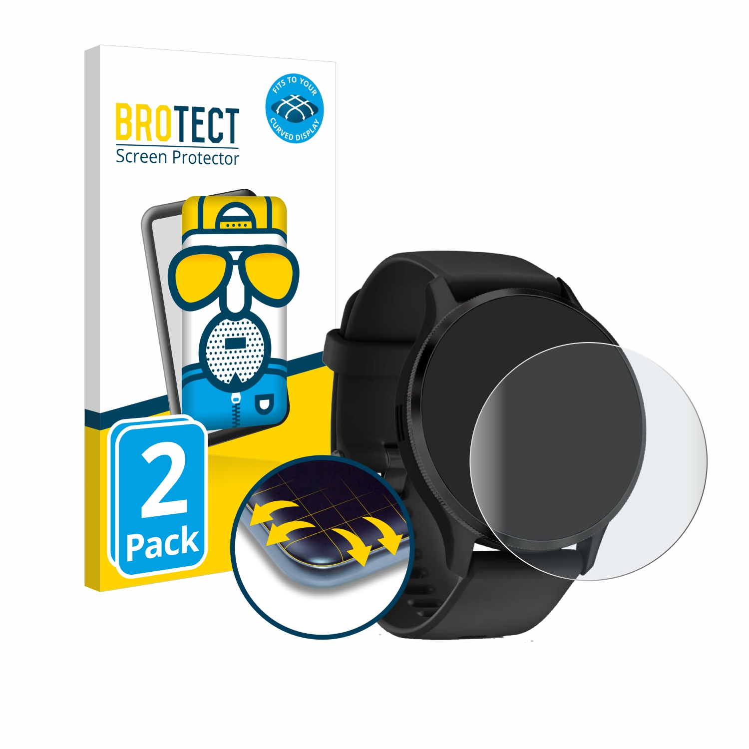 Schwarze Smartwatch mit Displayschutzfolie und Box. Der Schutz ist auf der Uhr und in der Box. Weißer HG.