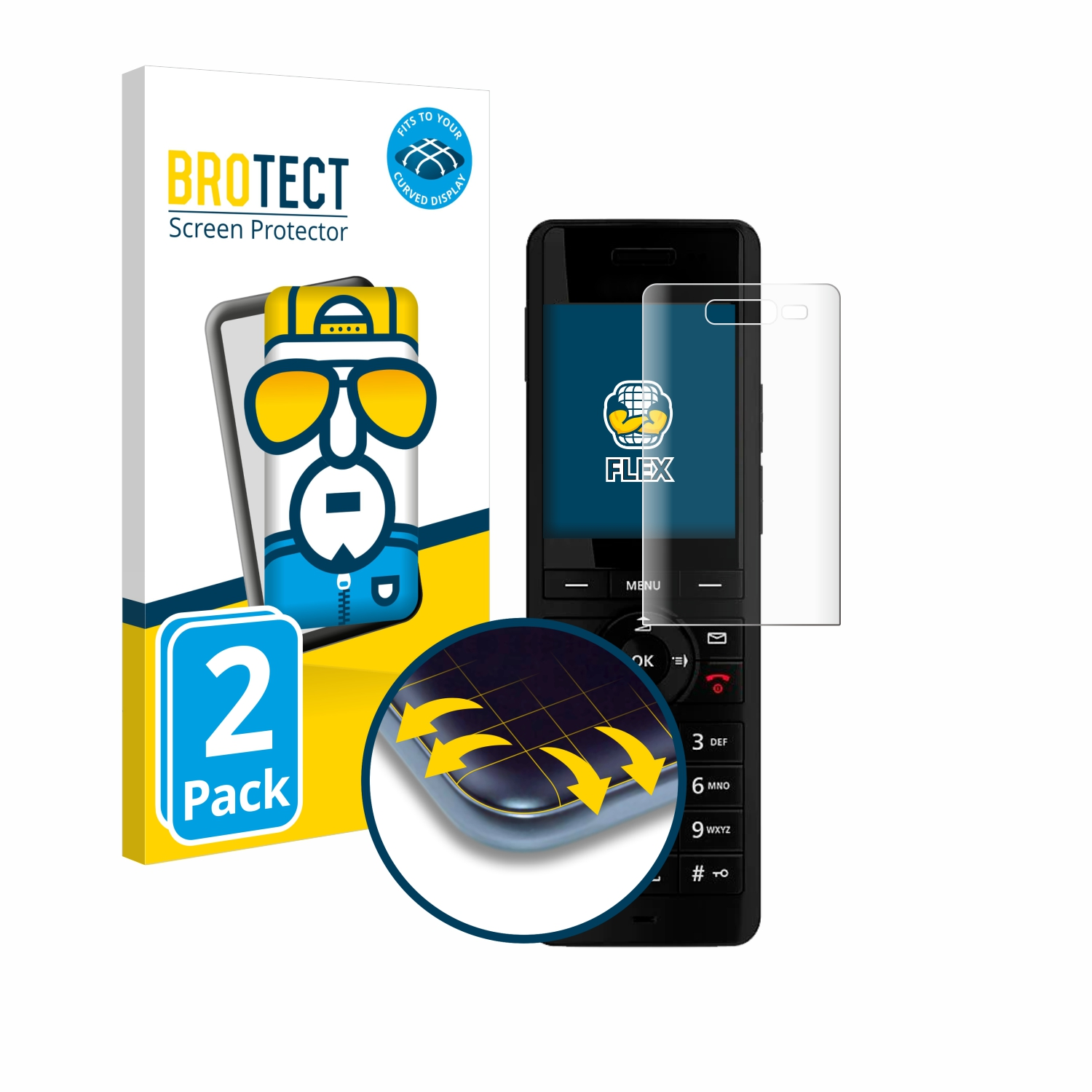 Ein Telefon mit Displayschutz und eine Box mit einem Cartoon. Der Displayschutz ist klar.