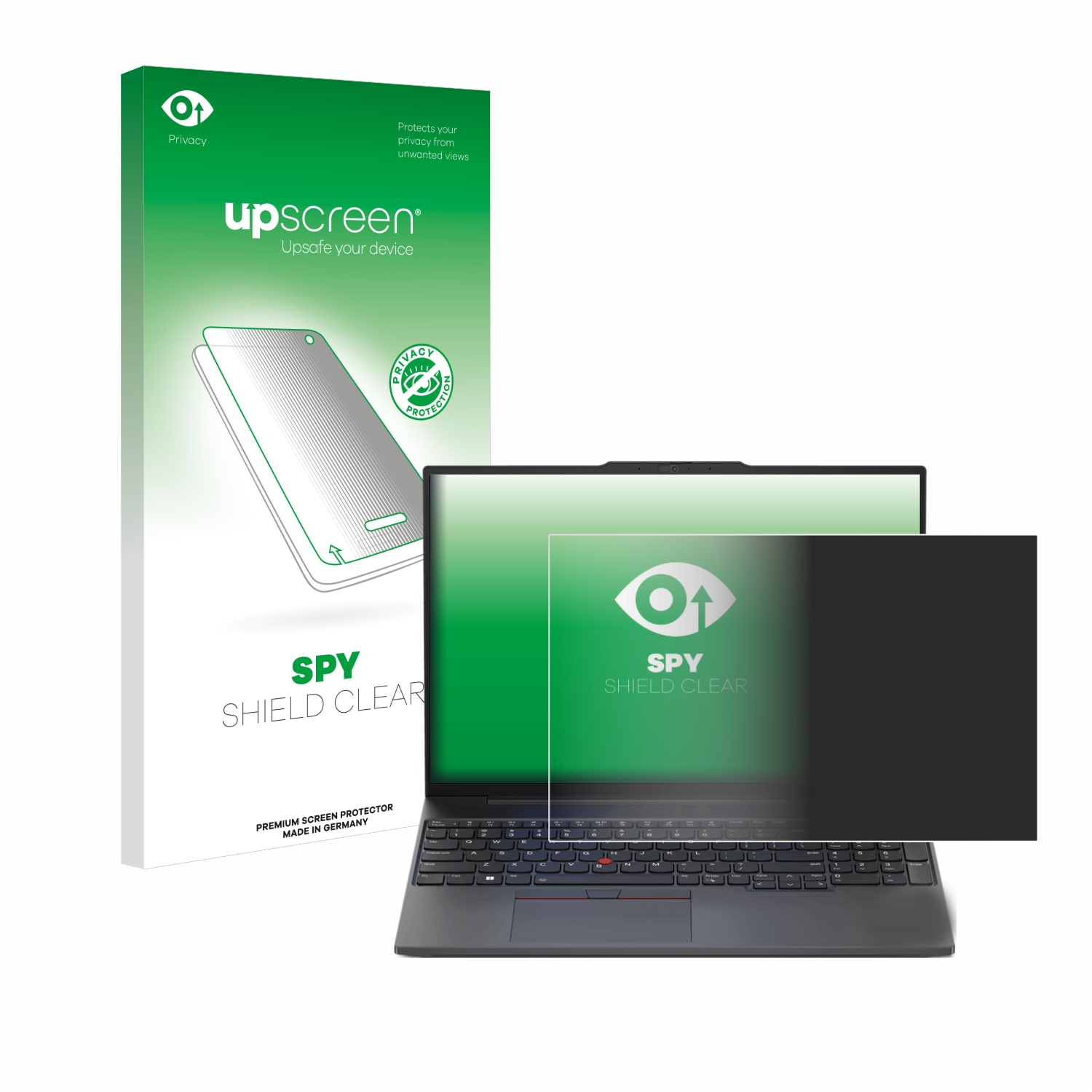 Laptop mit Sichtschutzfolie und Verpackung auf weißer Oberfläche.