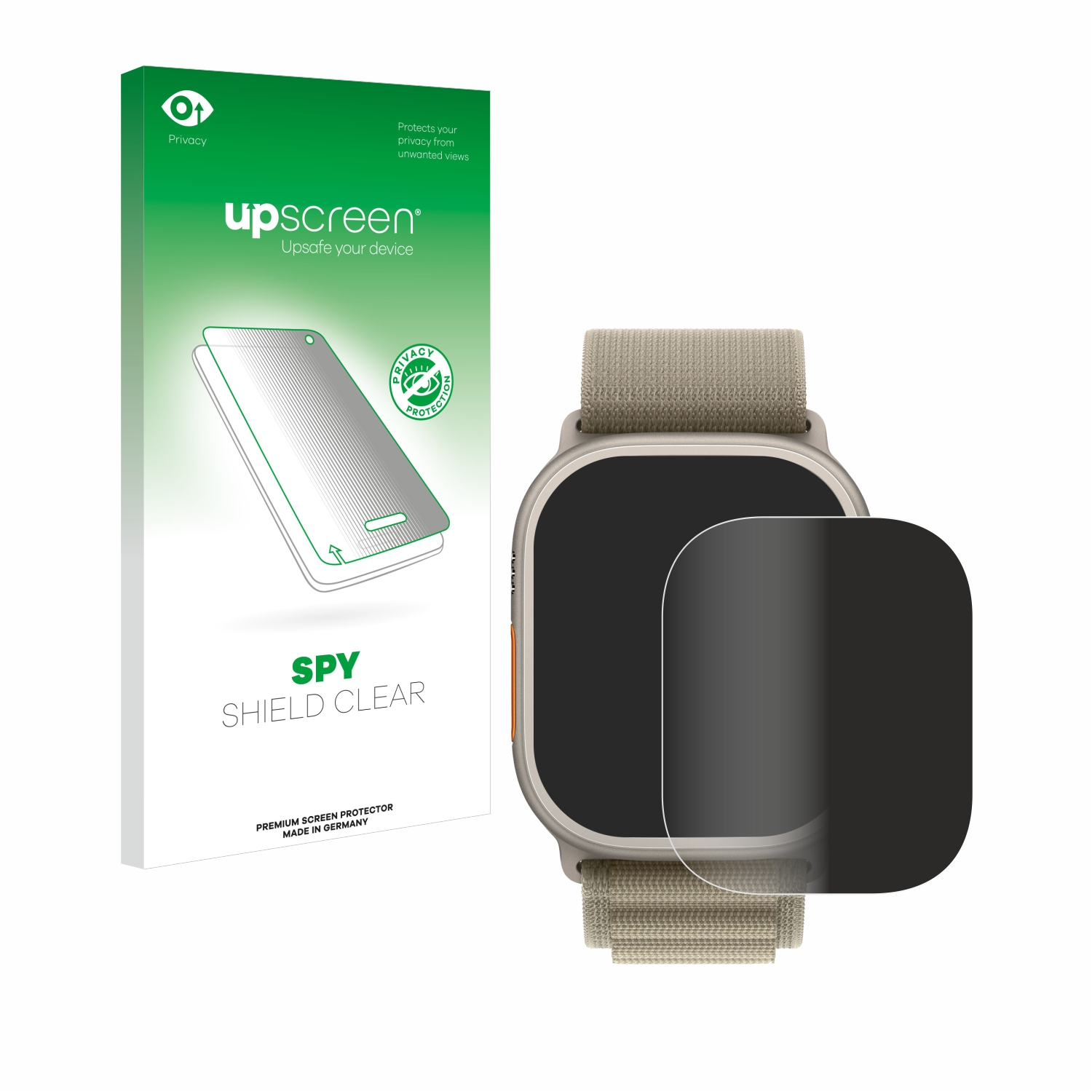 Smartwatch mit Box und Displayschutz auf der Uhr, mit grauem Armband.