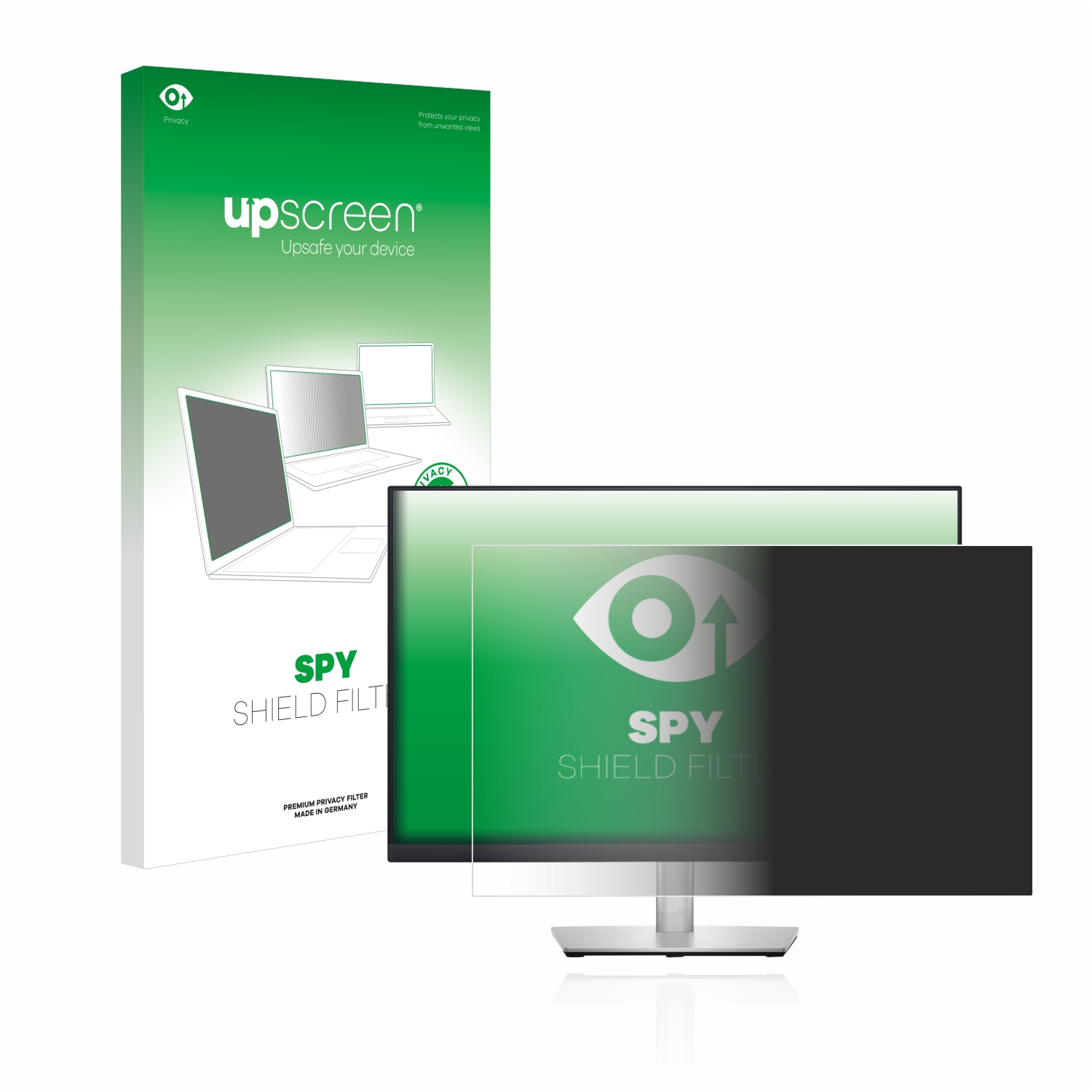 Ein Monitor mit einer Sichtschutzfolienbox und einem Sichtschutz auf dem Monitor.