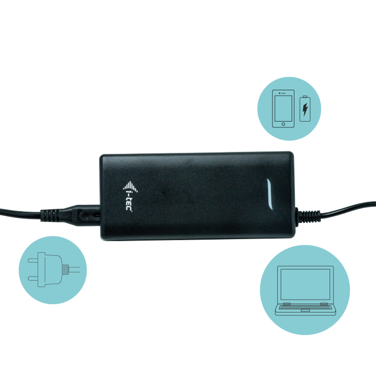 Un caricabatterie per telefono nero con cavi e icone di telefono, laptop e spina.