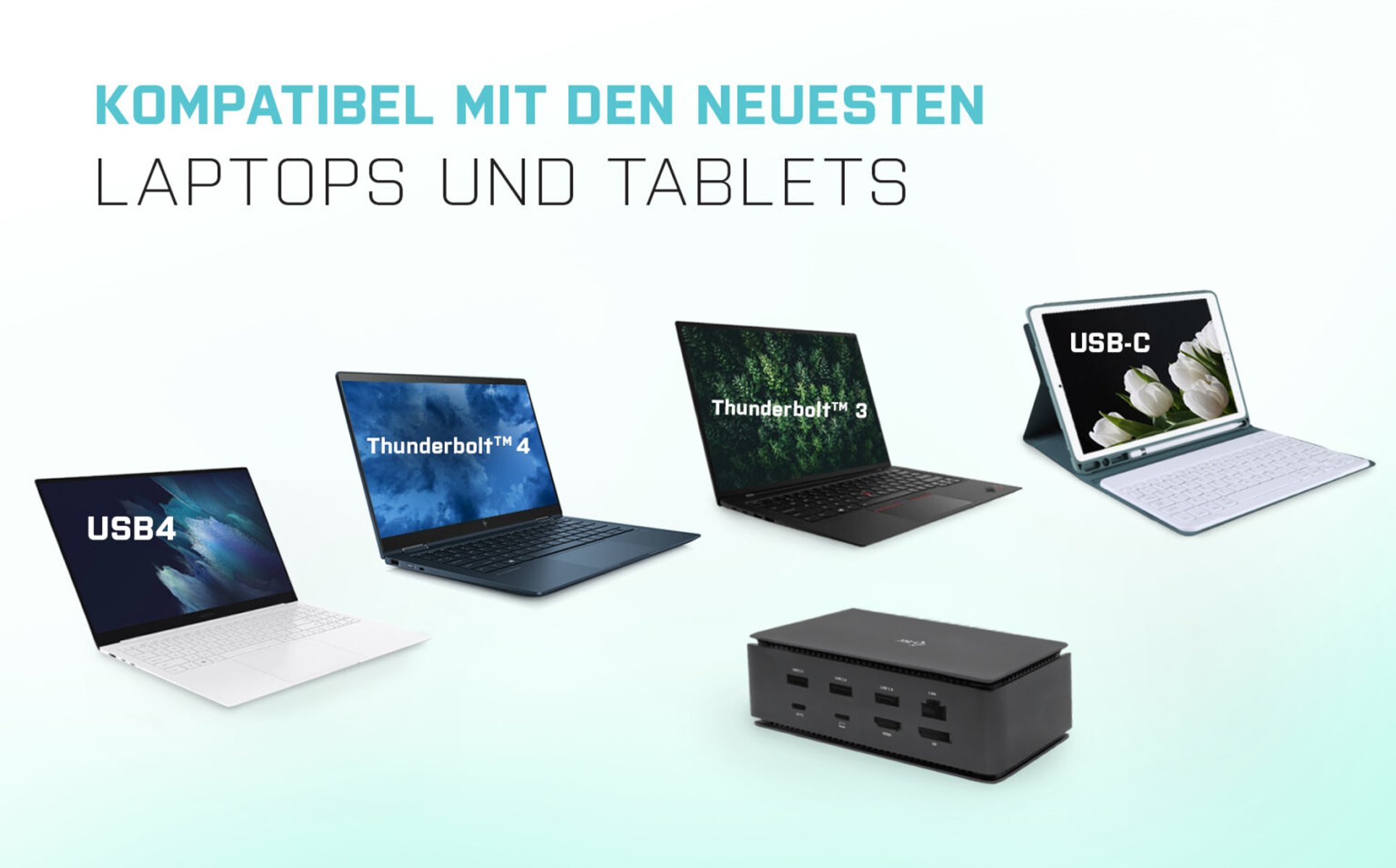 Immagine che mostra più laptop e una docking station. Il testo dice 'Laptops und Tablets'.